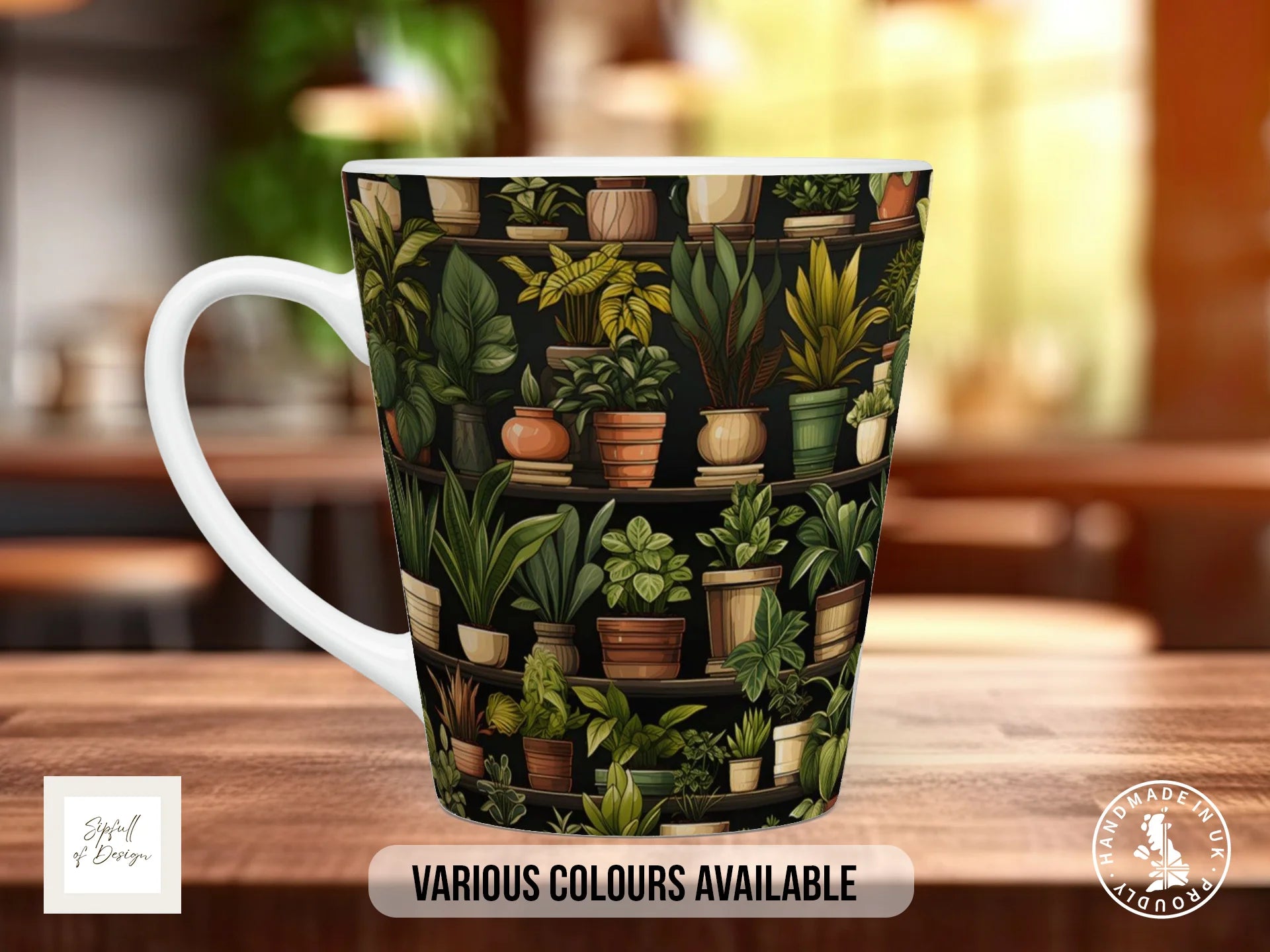 House Plants Full Wrap Mug – Design 11 | Rustic Potting Shed Shelves on Dark Green | Art Mug 12oz Latte