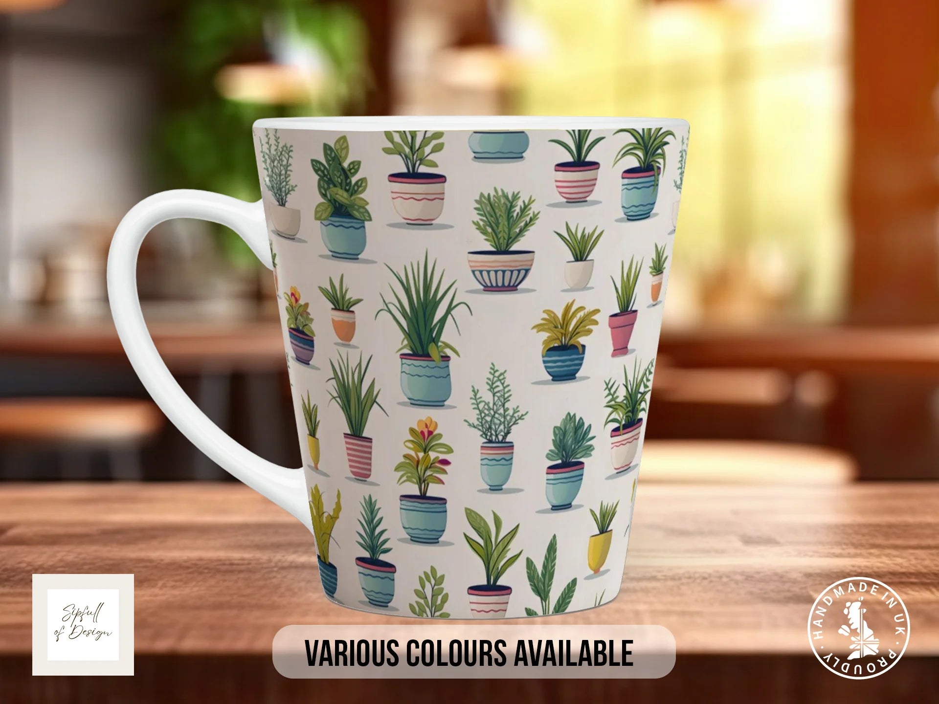 House Plants Full Wrap Mug – Design 2 | Duck Egg & Pink Striped Pots on White | Art Mug 12oz Latte