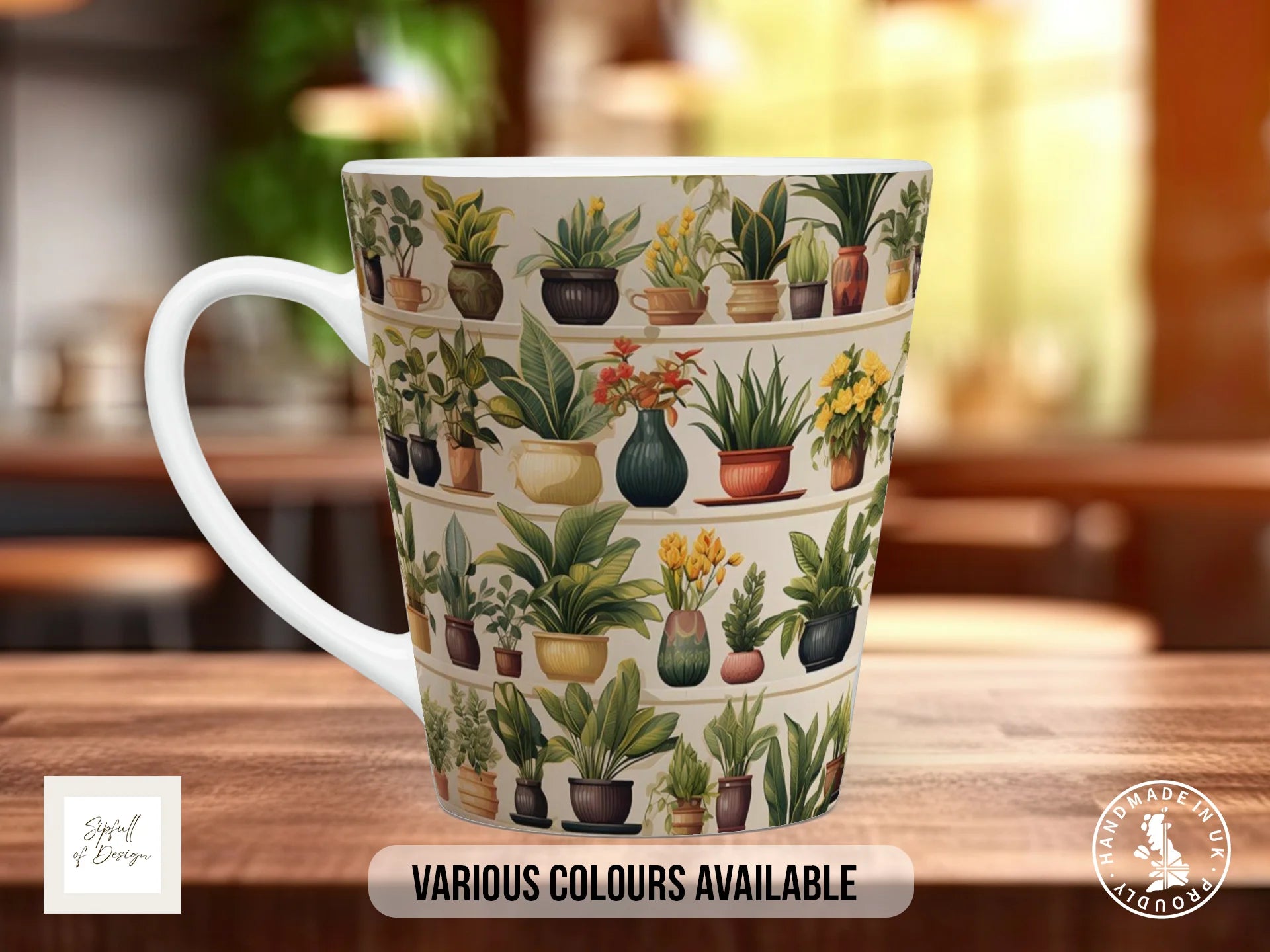 House Plants Full Wrap Mug – Design 10 | Lush Tropical Shelf with Flowering Plants | Art Mug 12oz Latte