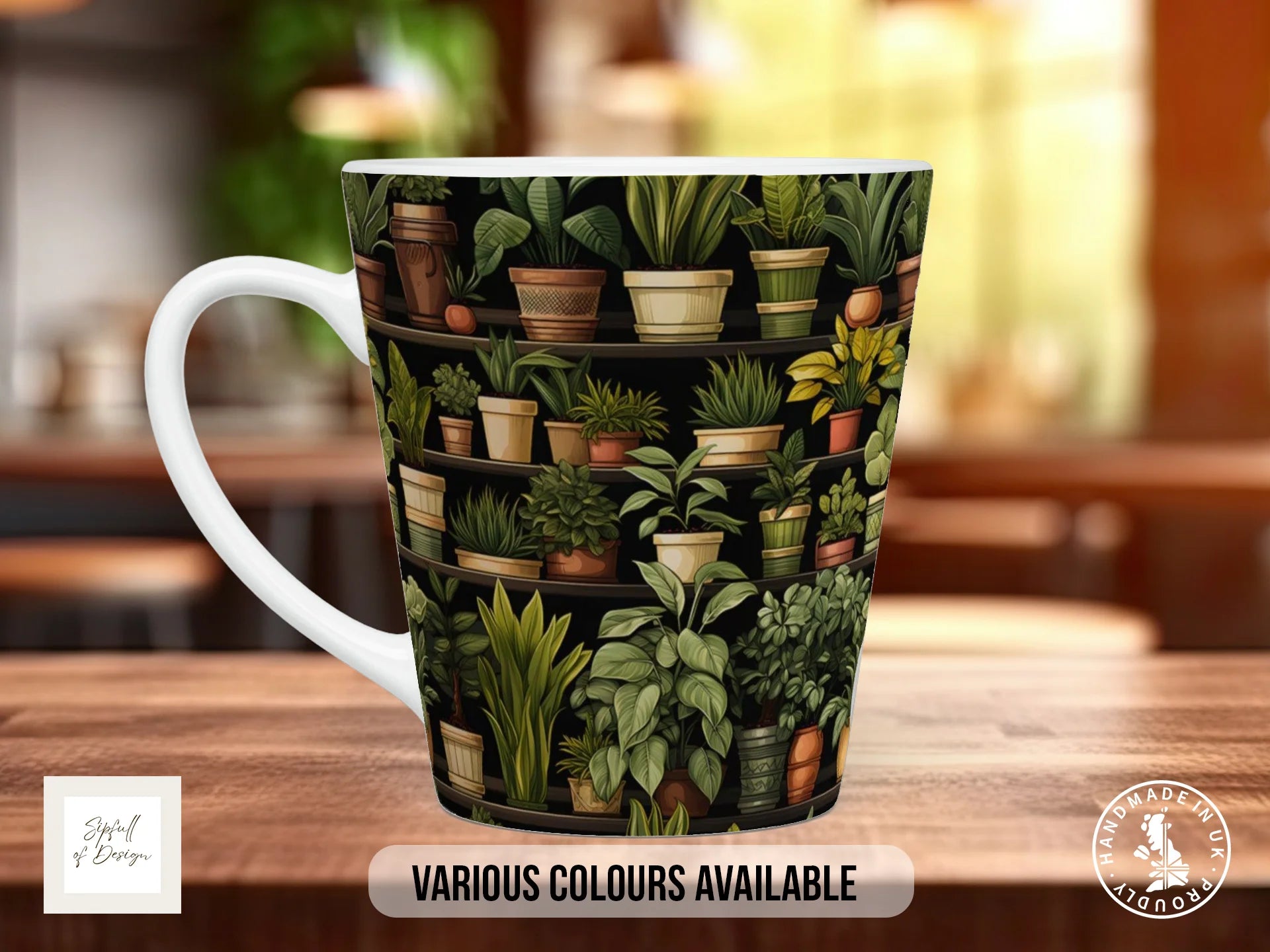House Plants Full Wrap Mug – Design 7 | Moody Greenhouse Shelves on Black | Art Mug 12oz Latte