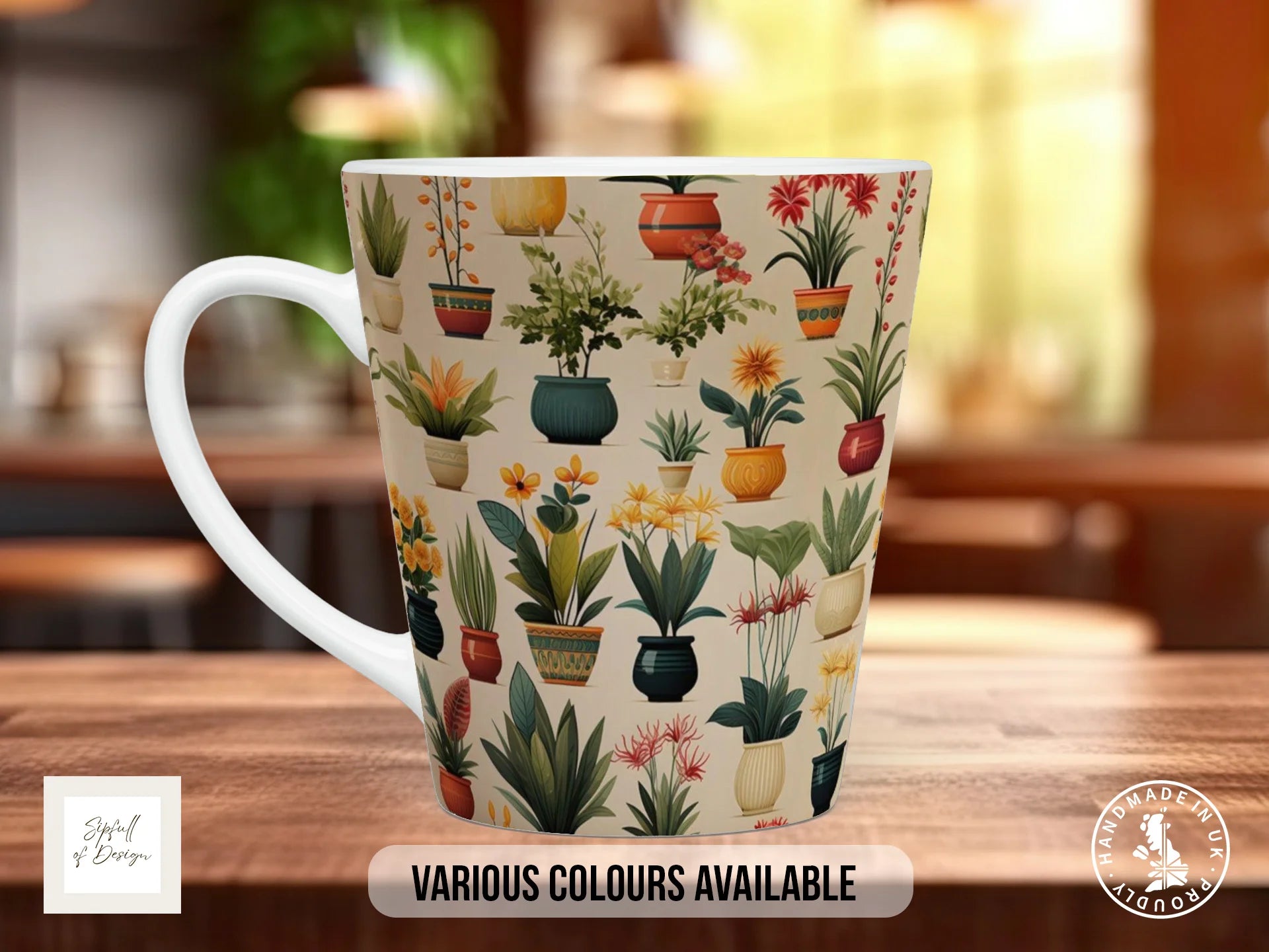 House Plants Full Wrap Mug – Design 8 | Scattered Flowering Plants in Decorative Pots | Art Mug 12oz Latte