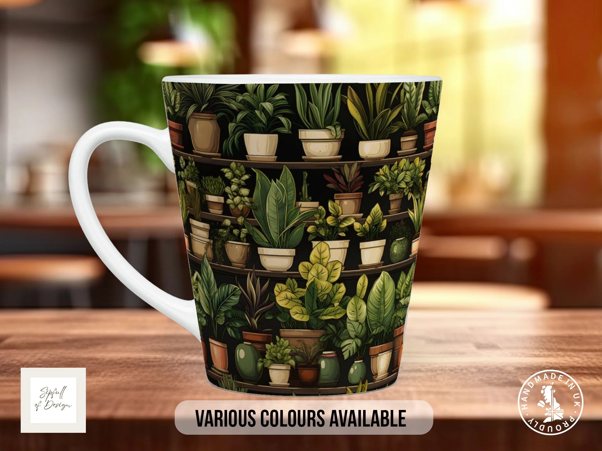 House Plants Full Wrap Mug – Design 16 | Tropical Foliage on Dark Espresso Shelves | Art Mug 12oz Latte