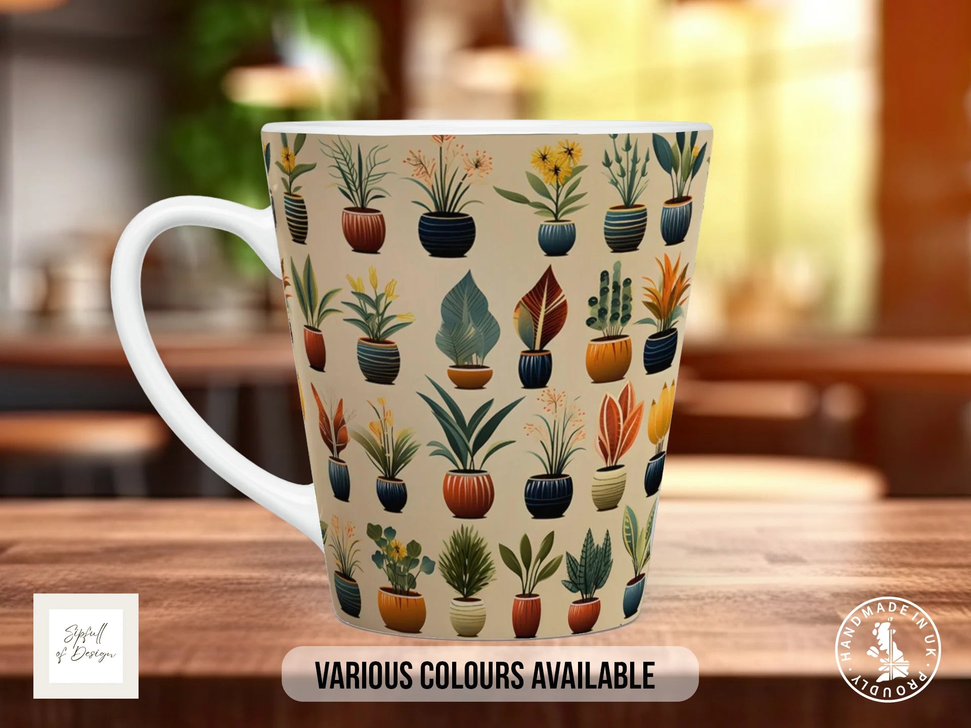 House Plants Full Wrap Mug – Design 4 | Mid-Century Potted Plants on Sandy Cream | Art Mug 12oz Latte