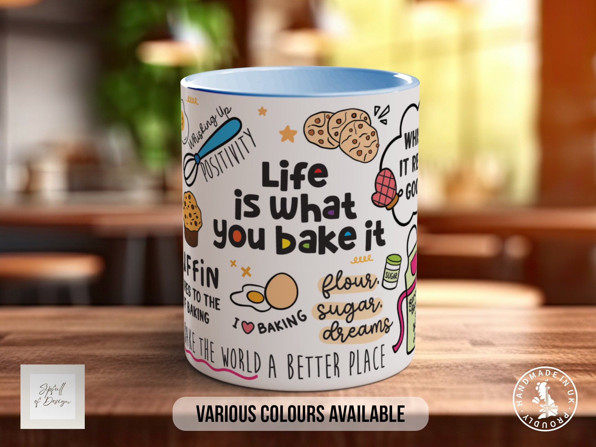 a coffee mug sitting on top of a wooden table