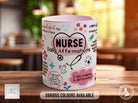 a coffee mug with a nurse themed design on it