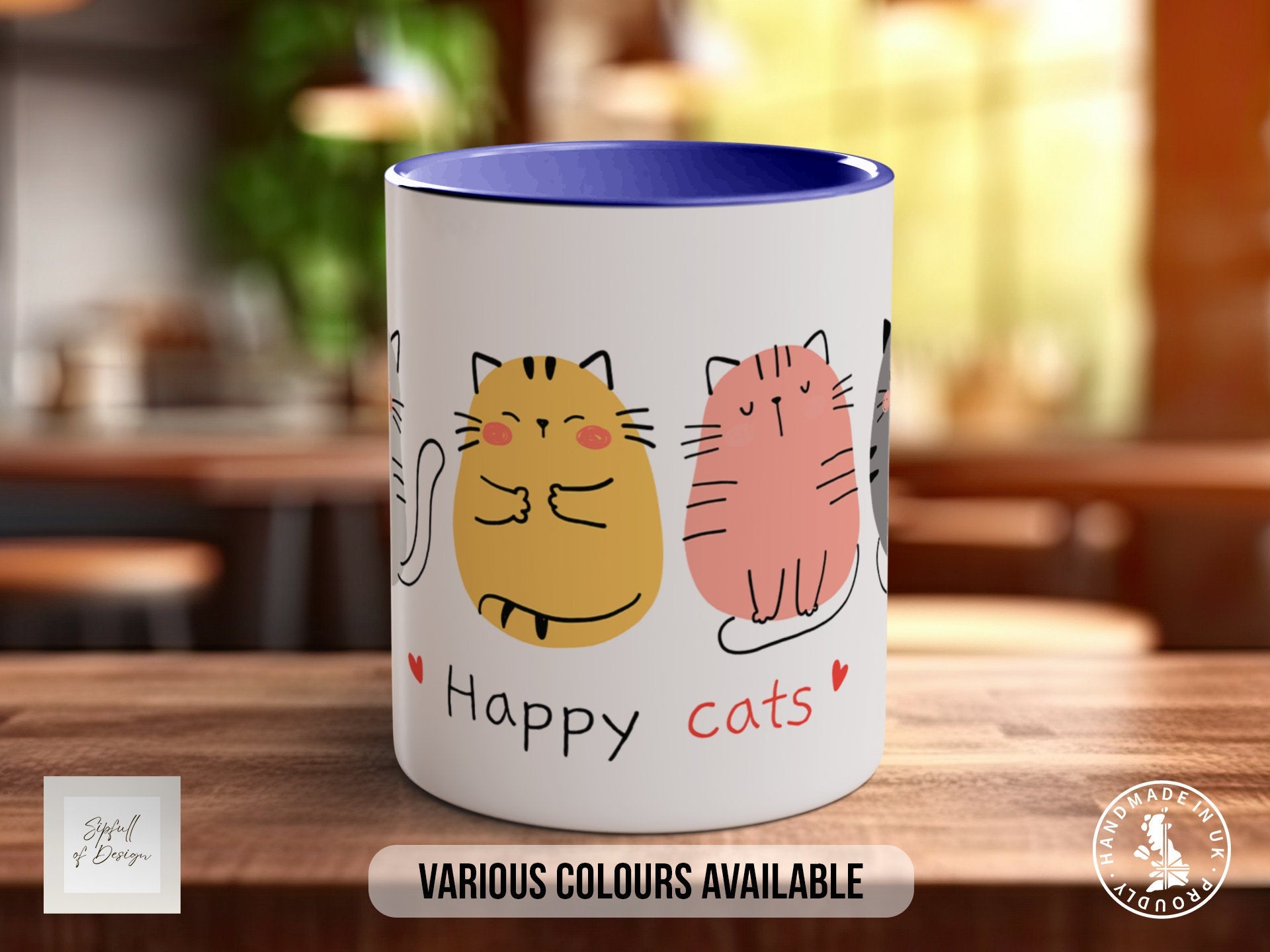 Cute Happy Cat Mug - Coloured 11oz, Bone China 10oz and 15oz and Latte 12oz options