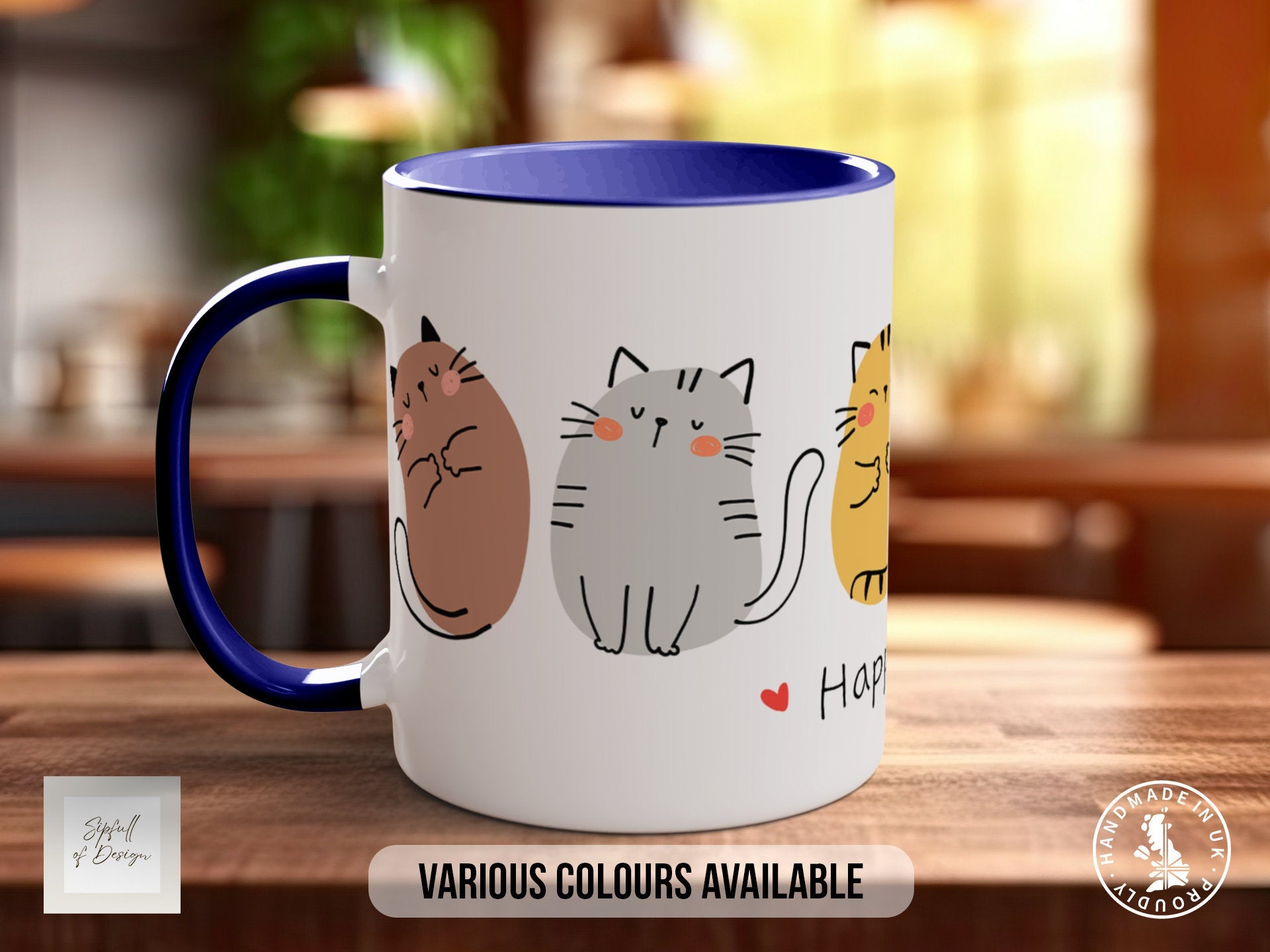 Cute Happy Cat Mug - Coloured 11oz, Bone China 10oz and 15oz and Latte 12oz options