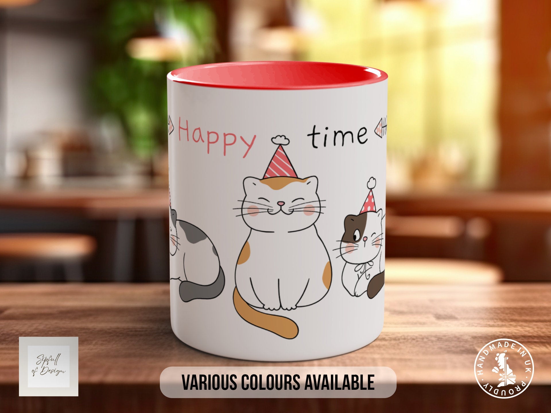 Cute Happy Time Cat Mug - Coloured 11oz, Bone China 10oz and 15oz and Latte 12oz options