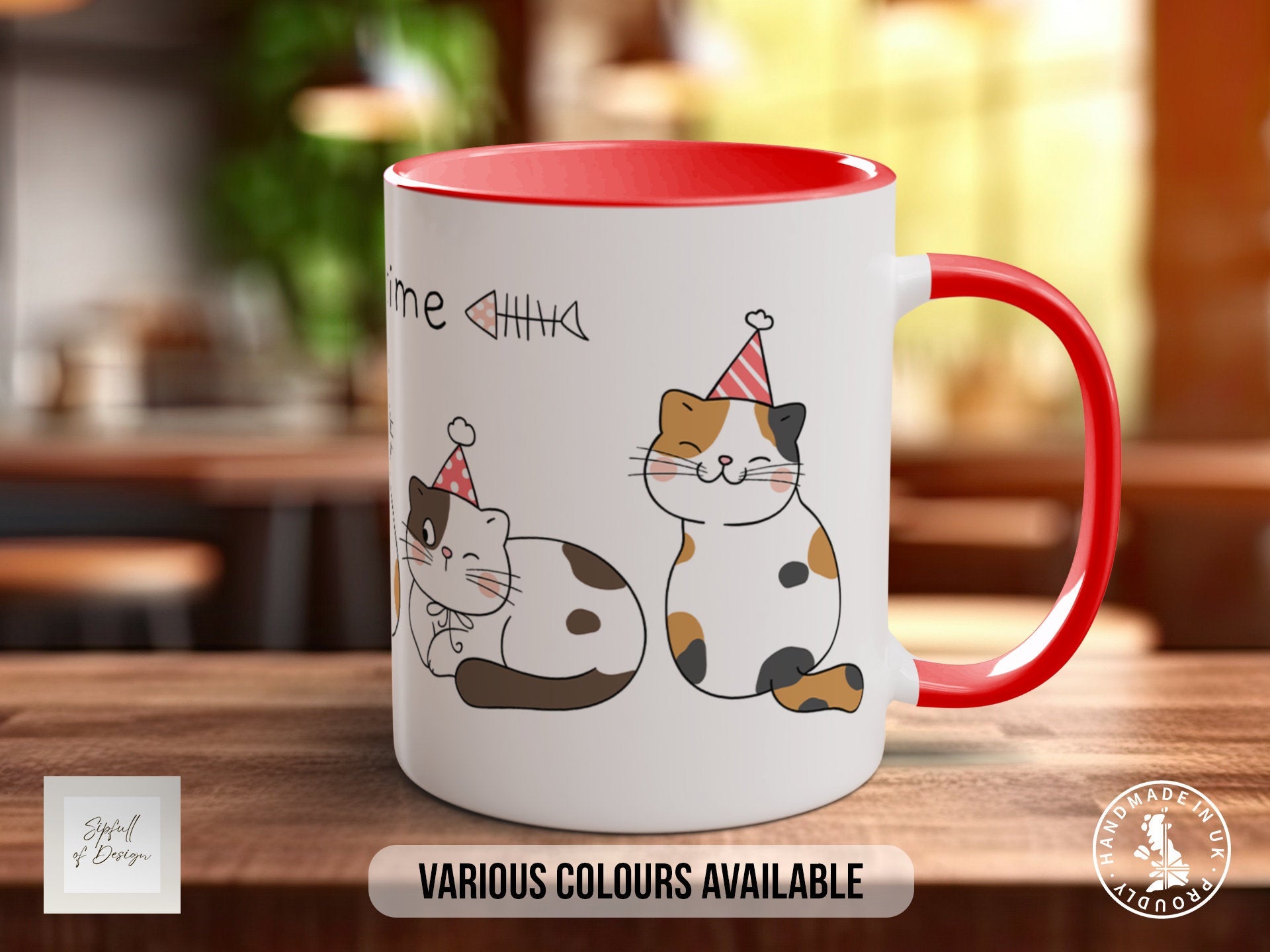 Cute Happy Time Cat Mug - Coloured 11oz, Bone China 10oz and 15oz and Latte 12oz options