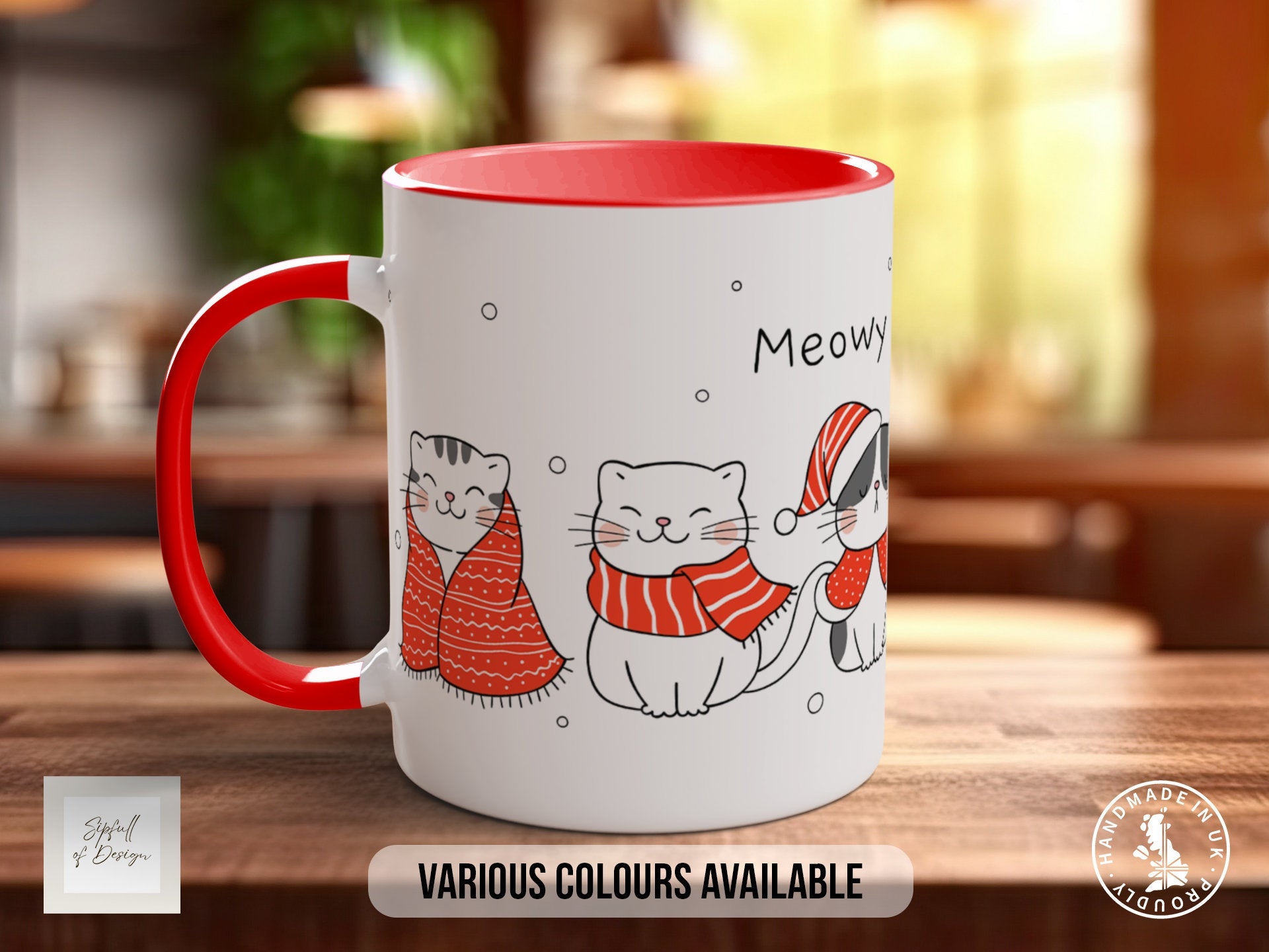 Cute Christmas Cats Mug - Coloured 11oz, Bone China 10oz and 15oz and Latte 12oz options