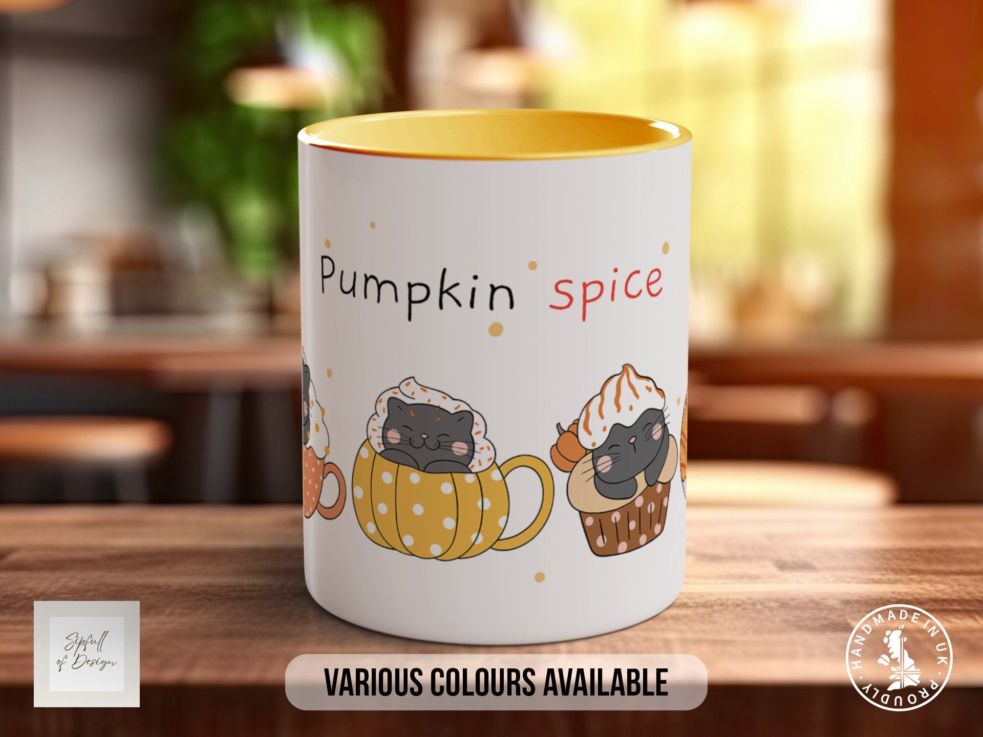 Cute Pumpkin Spices Latte Cats Mug - Coloured 11oz, Bone China 10oz and 15oz and Latte 12oz options