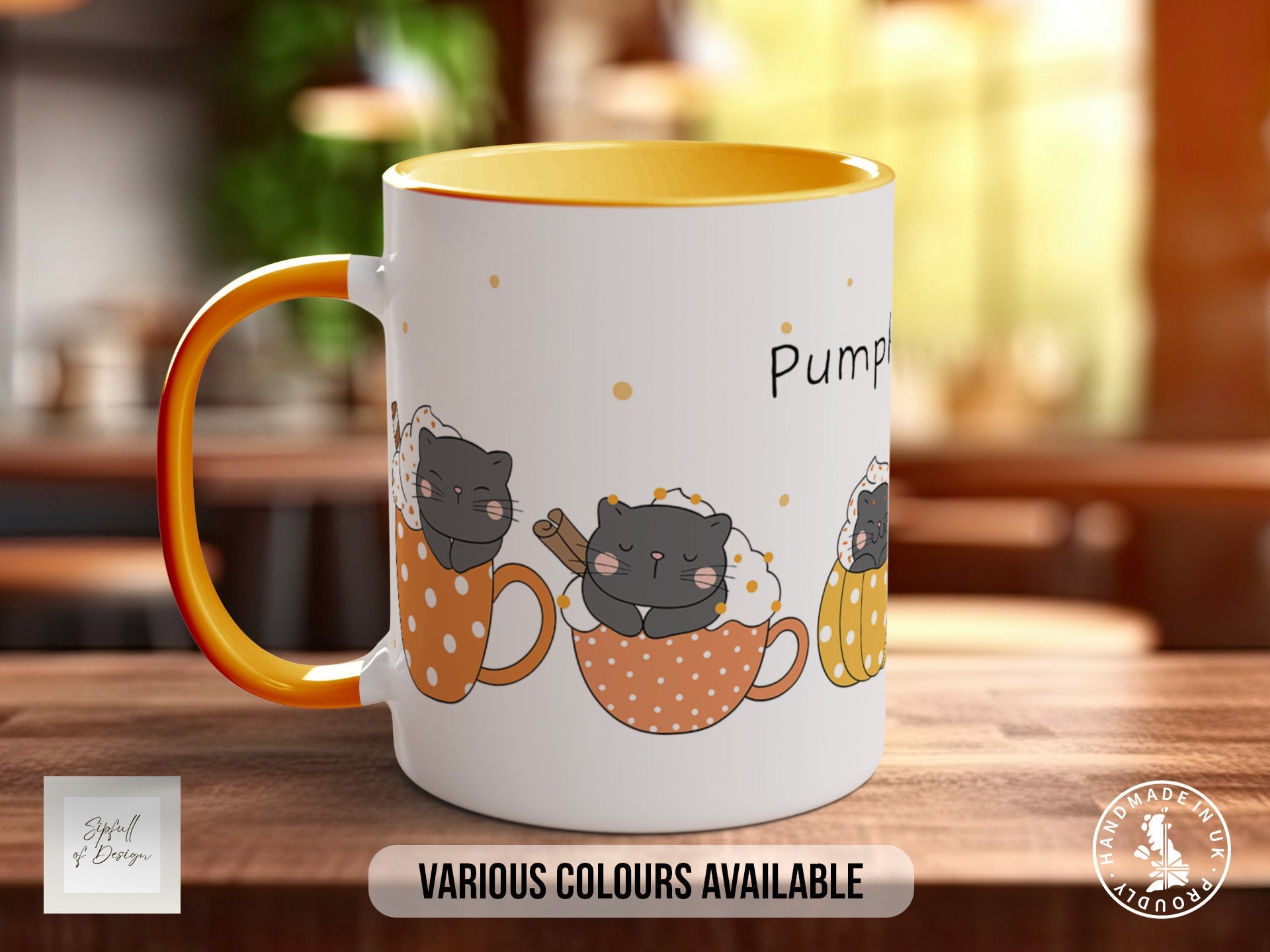 Cute Pumpkin Spices Latte Cats Mug - Coloured 11oz, Bone China 10oz and 15oz and Latte 12oz options