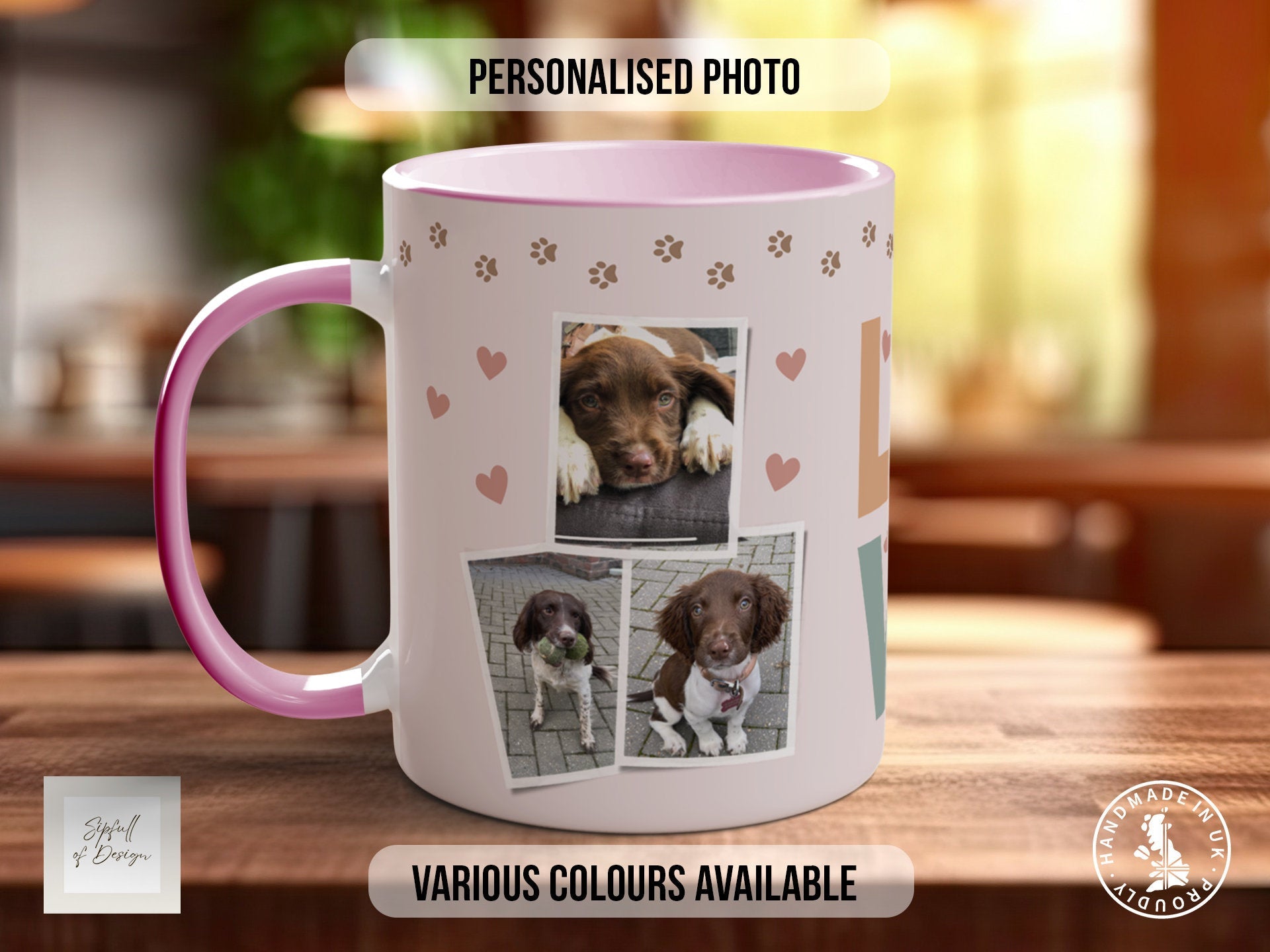 Personalised Dog Mug - Pink Love Paws Photo Grid - Multiple Mug Colours