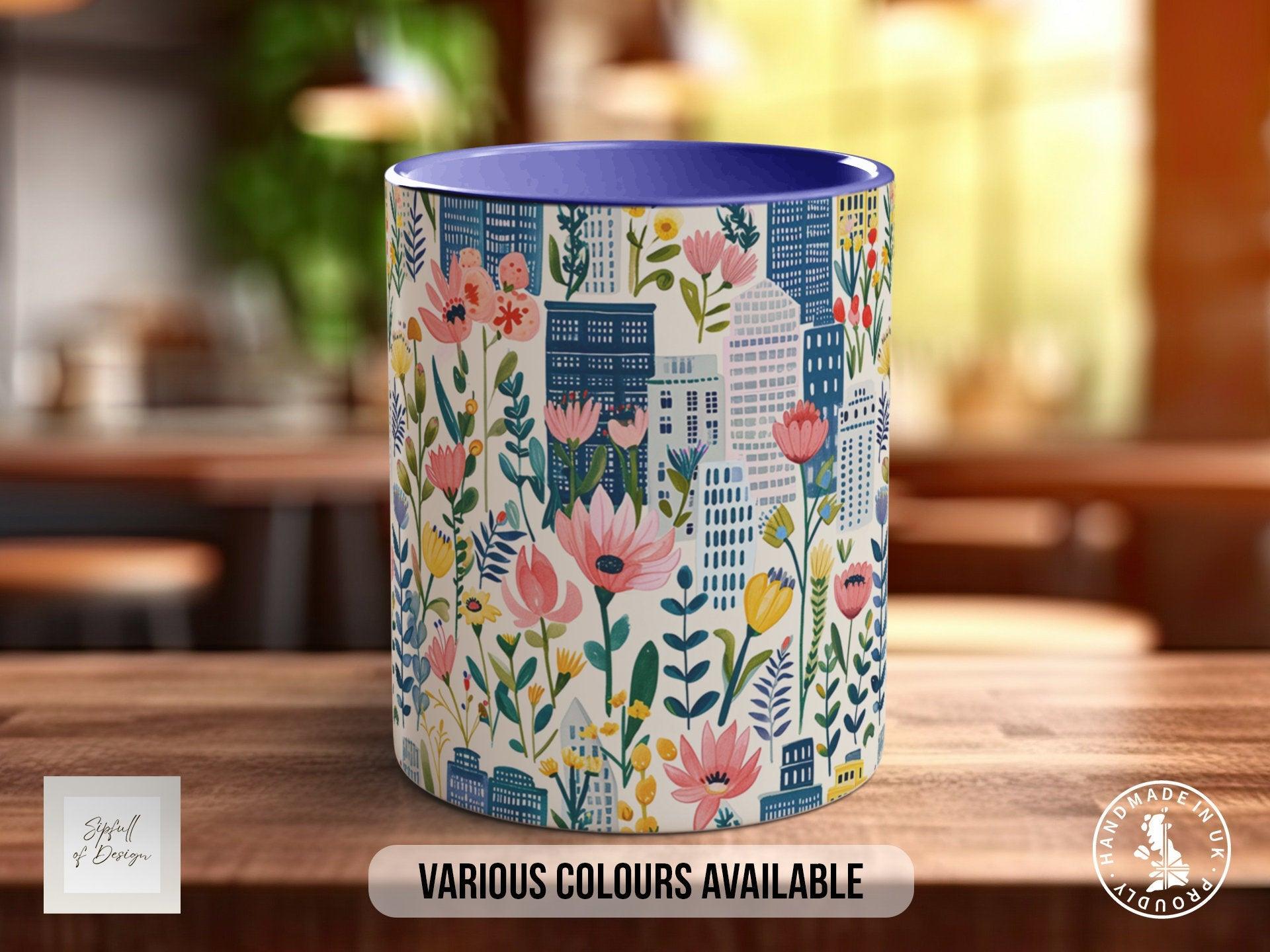 Cityscape Wildflower Pattern Full Wrap Coloured Art Mug - Design 1 - Sipfull of Design