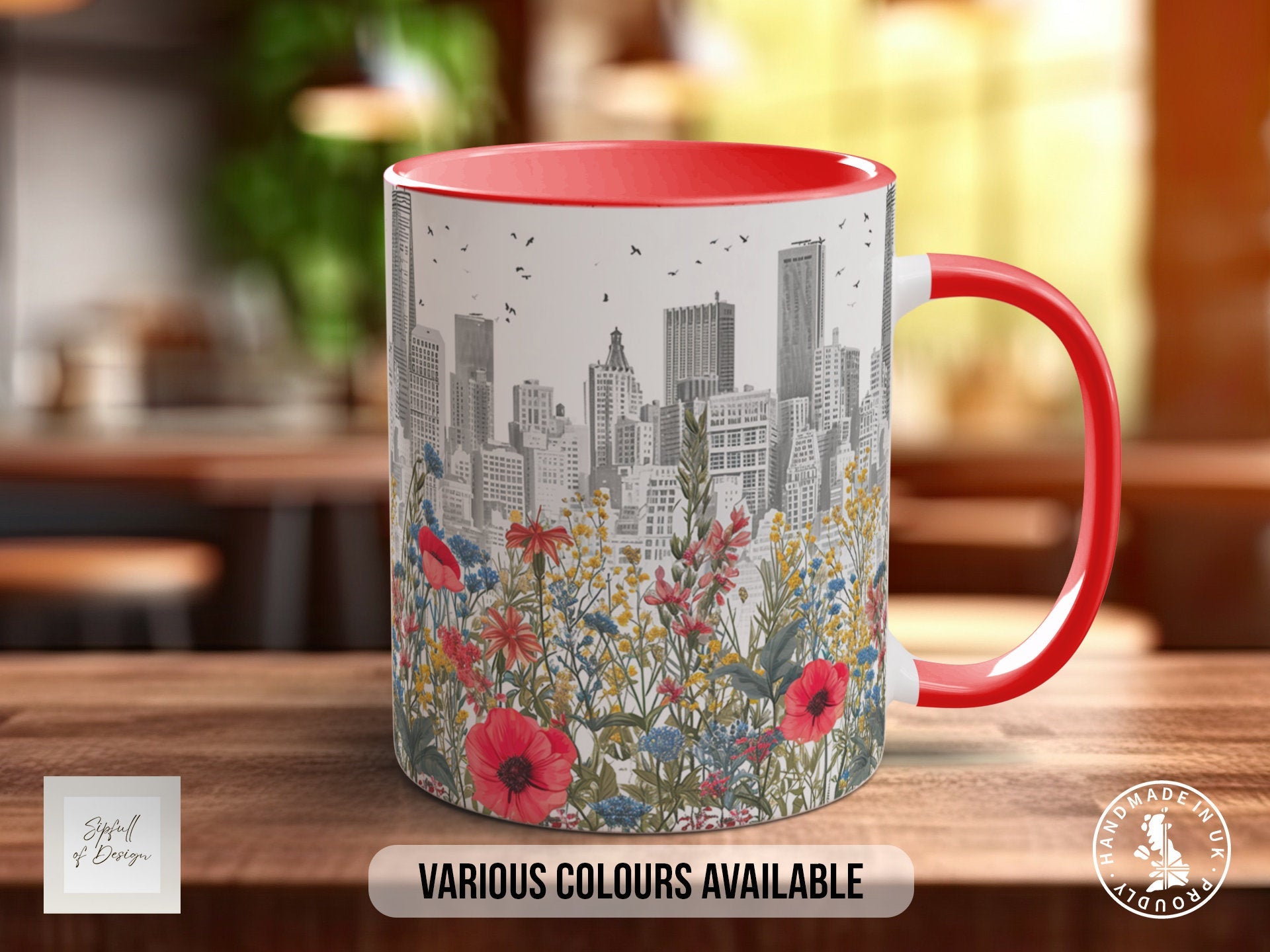 Cityscape Wildflower Pattern Full Wrap Coloured Art Mug - Design 2