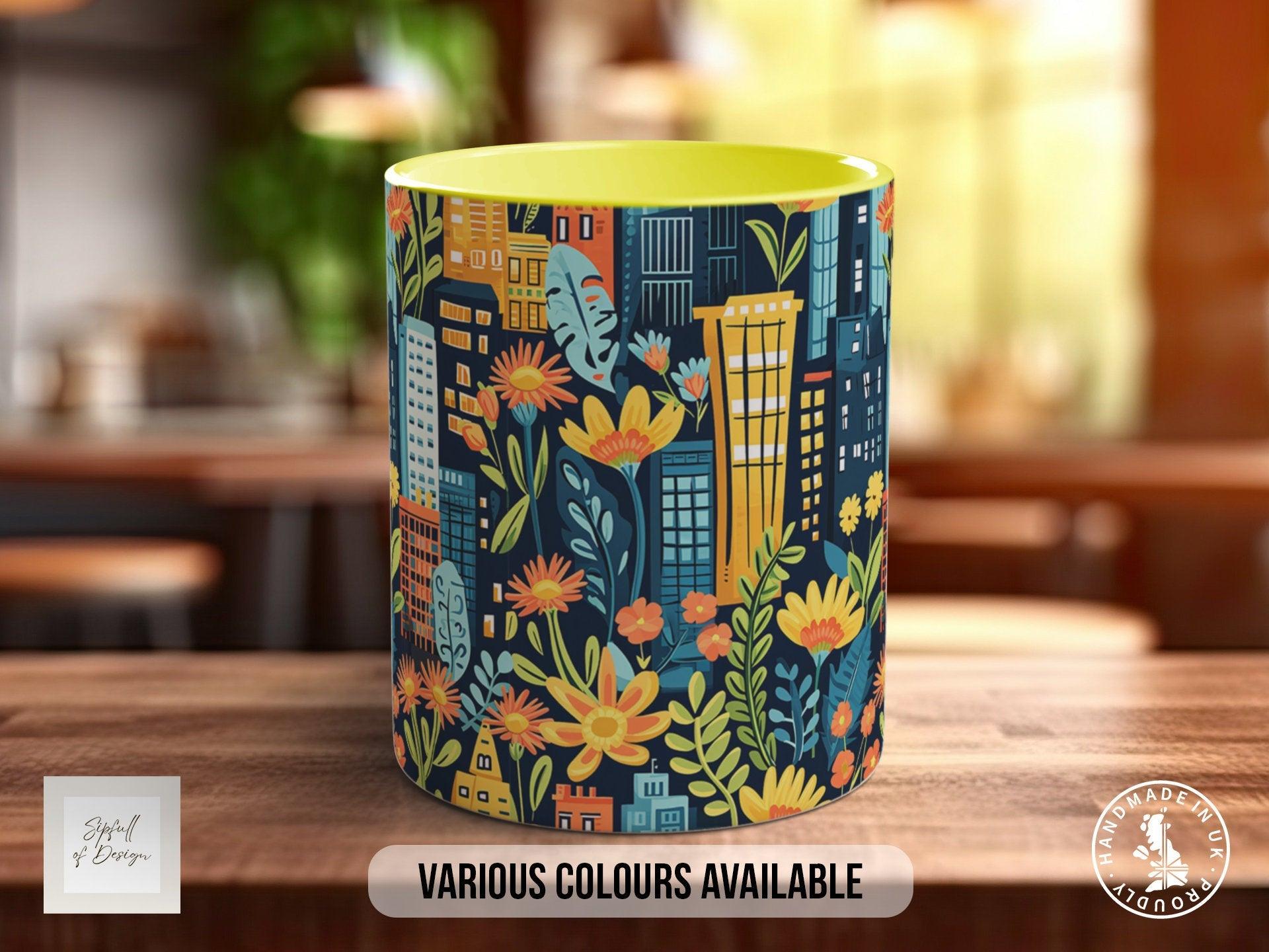 Cityscape Wildflower Pattern Full Wrap Coloured Art Mug - Design 3 - Sipfull of Design