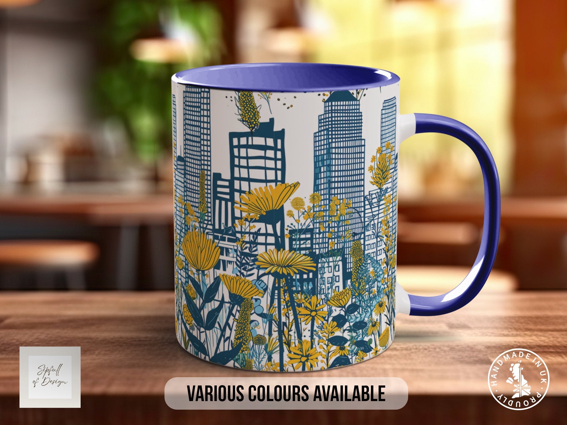 Cityscape Wildflower Pattern Full Wrap Coloured Art Mug - Design 8