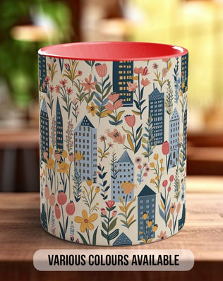Cityscape Wildflower Pattern Full Wrap Coloured Art Mug - Design 13 - Sipfull of Design