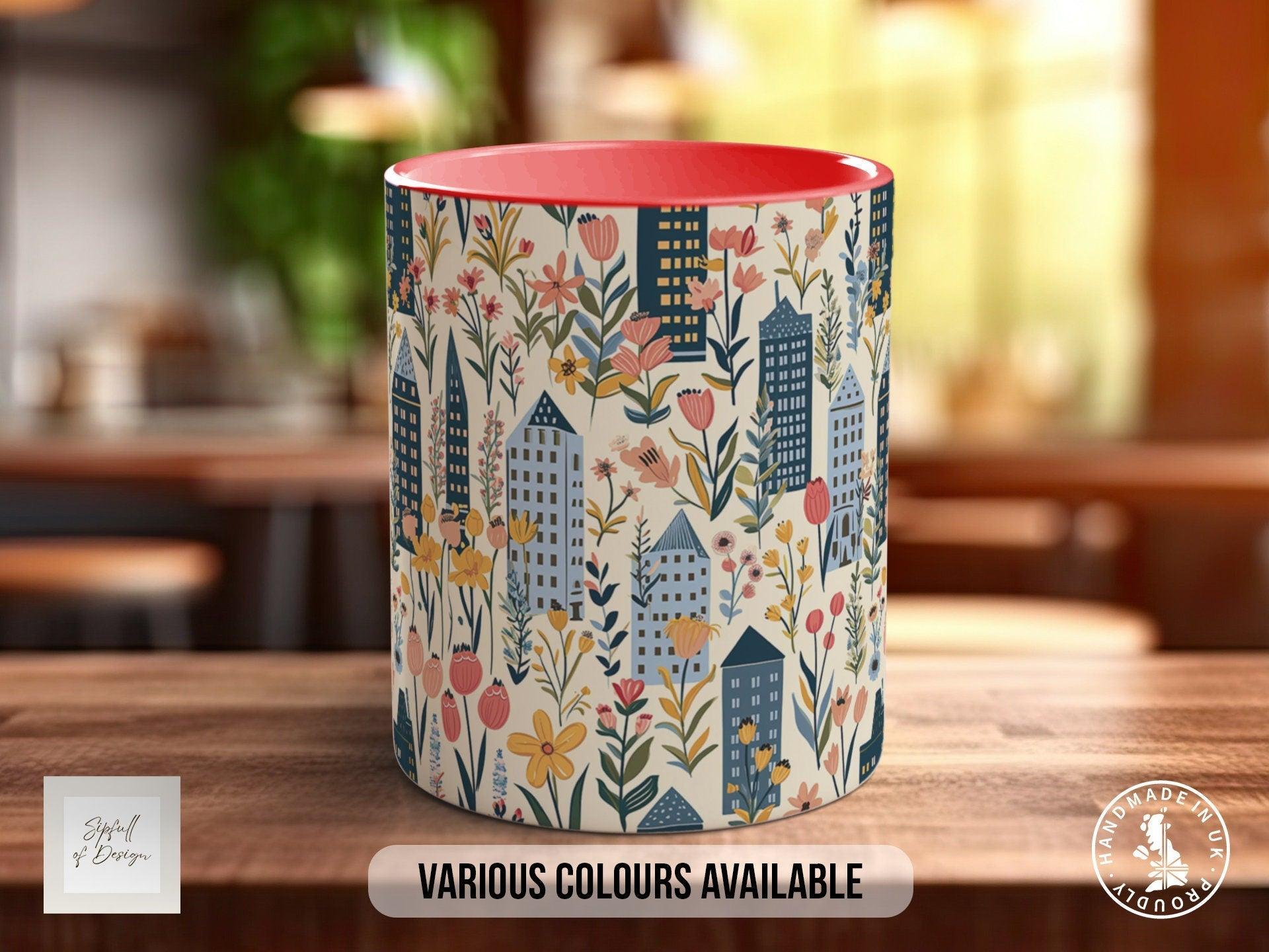 Cityscape Wildflower Pattern Full Wrap Coloured Art Mug - Design 13 - Sipfull of Design