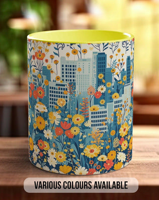 Cityscape Wildflower Pattern Full Wrap Coloured Art Mug - Design 14 - Sipfull of Design