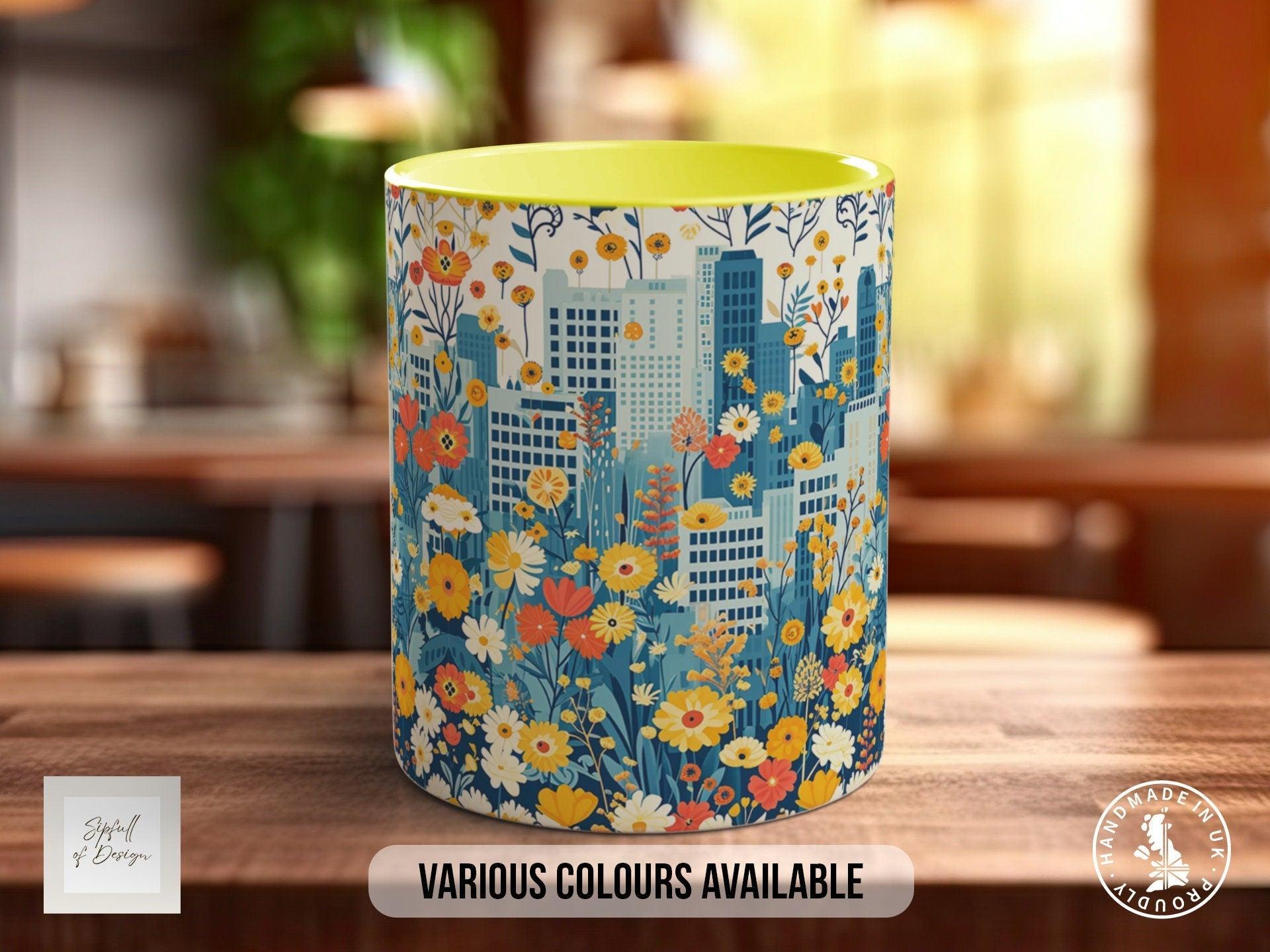 Cityscape Wildflower Pattern Full Wrap Coloured Art Mug - Design 14 - Sipfull of Design