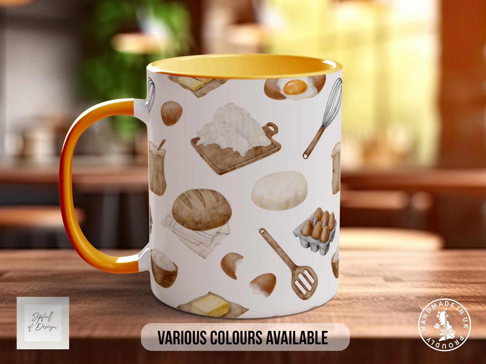 Coloured Baking Pattern Full Wrap Mug - Design 6 - Love Cooking - Kitchen Theme