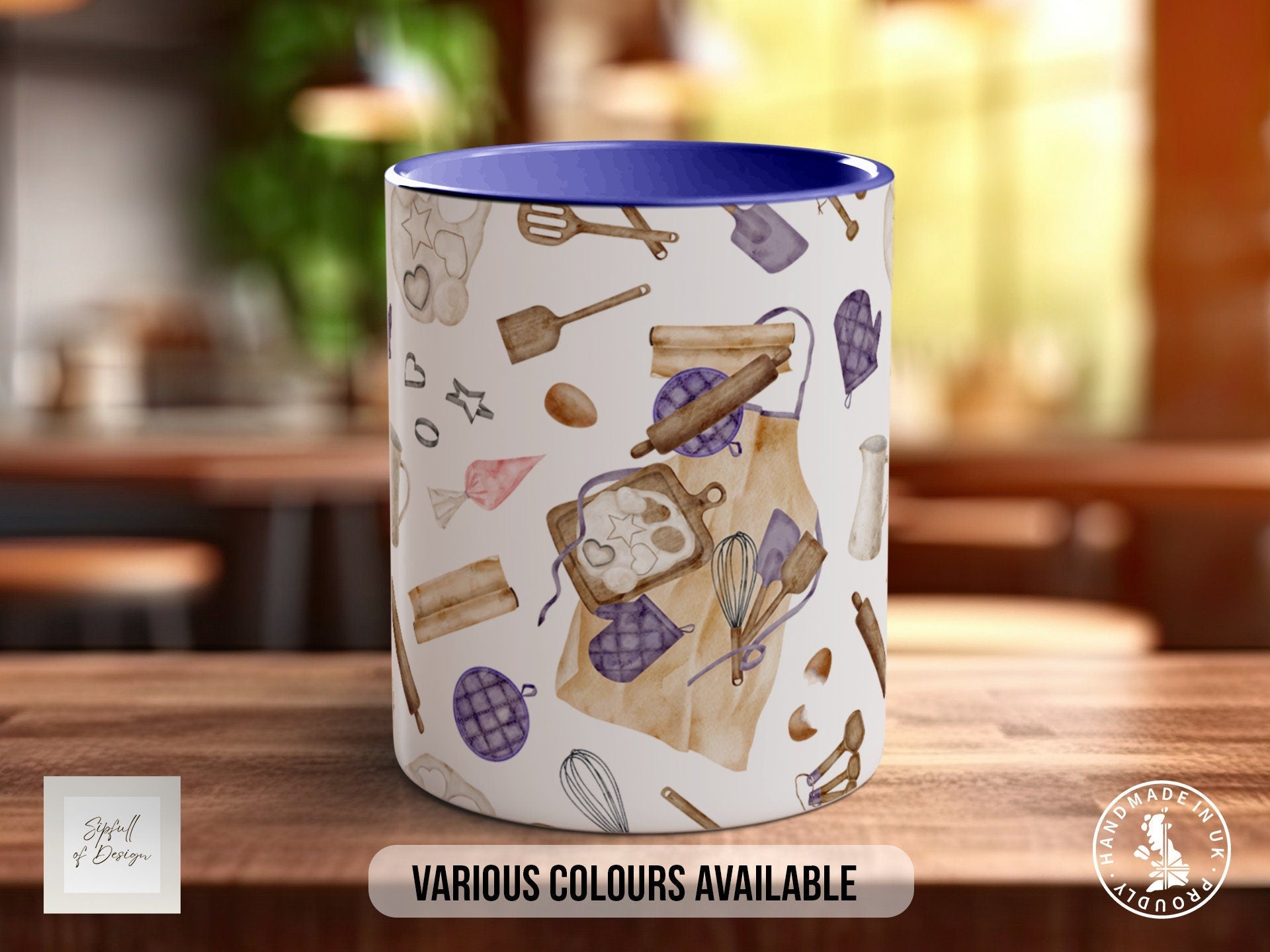 Coloured Baking Pattern Full Wrap Mug - Design 8 - Love Cooking - Kitchen Theme