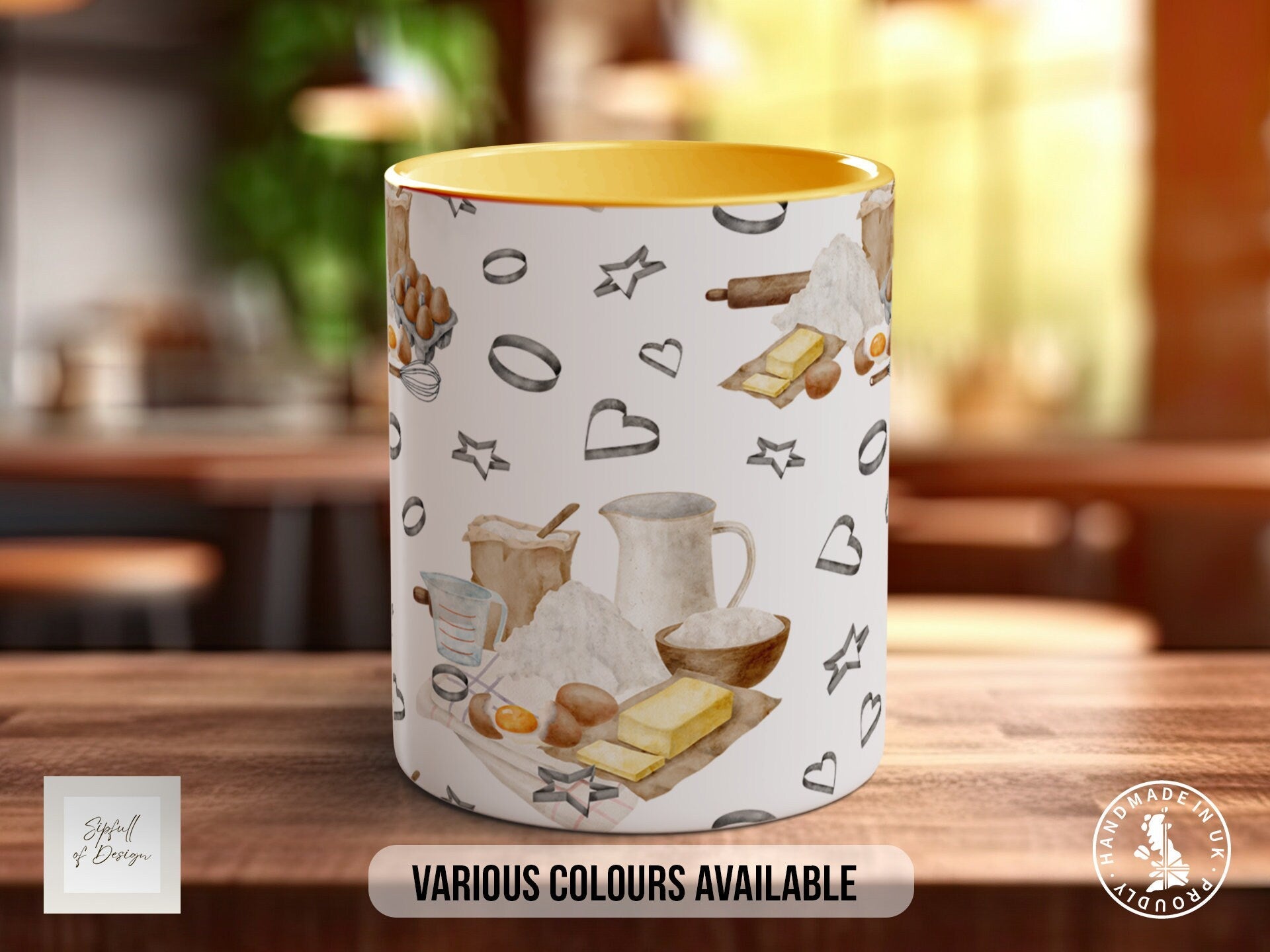 Coloured Baking Pattern Full Wrap Mug - Design 9 - Love Cooking - Kitchen Theme