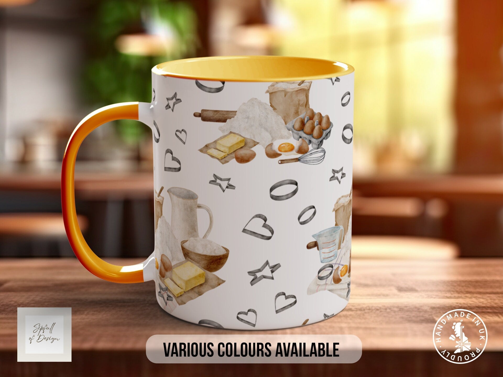 Coloured Baking Pattern Full Wrap Mug - Design 9 - Love Cooking - Kitchen Theme