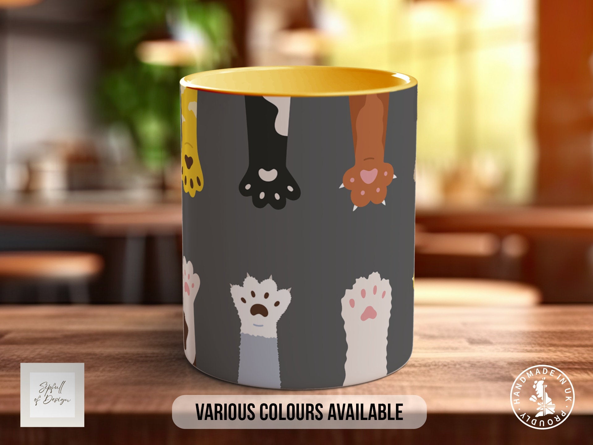 Cute Fluffy Multicoloured Cat Paws Mug - Coloured 11oz, Bone China 10oz and 15oz and Latte 12oz options