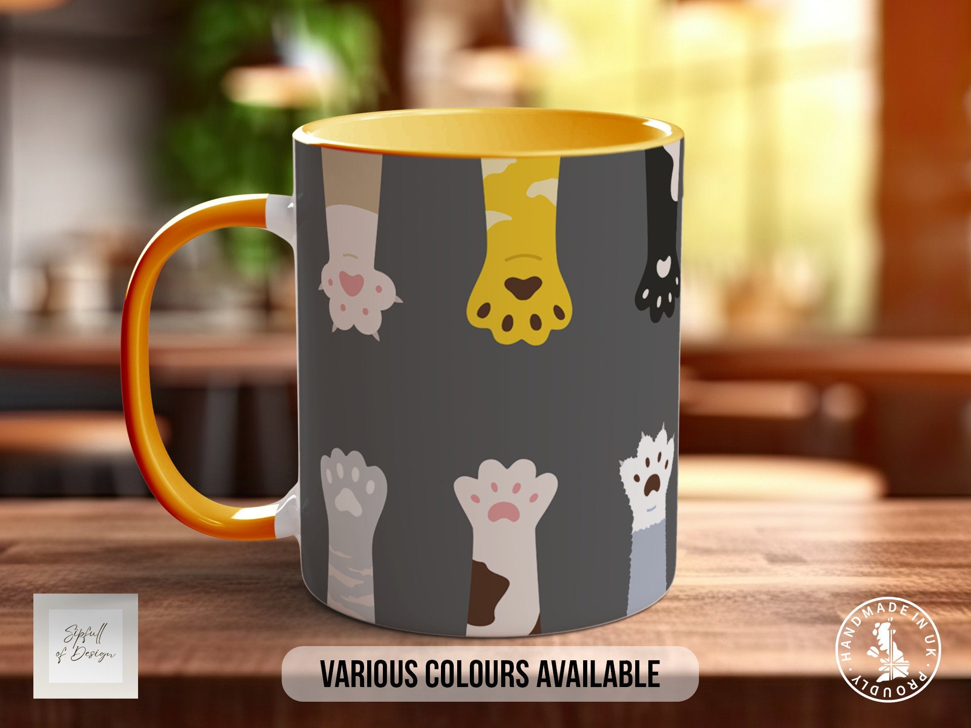 Cute Fluffy Multicoloured Cat Paws Mug - Coloured 11oz, Bone China 10oz and 15oz and Latte 12oz options
