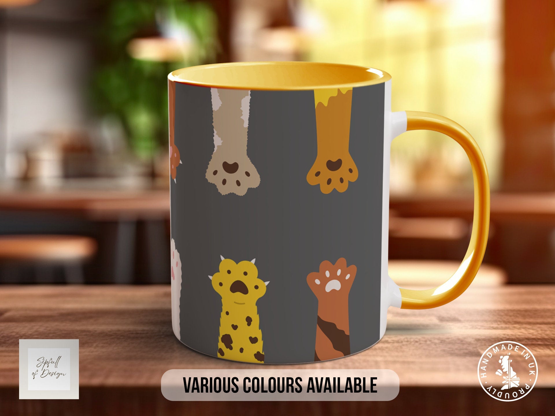 Cute Fluffy Multicoloured Cat Paws Mug - Coloured 11oz, Bone China 10oz and 15oz and Latte 12oz options