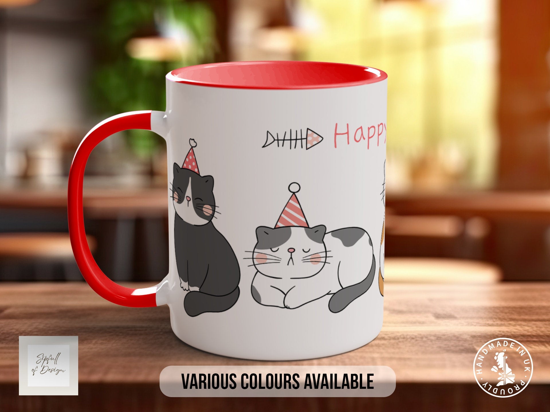 Cute Happy Time Cat Mug - Coloured 11oz, Bone China 10oz and 15oz and Latte 12oz options