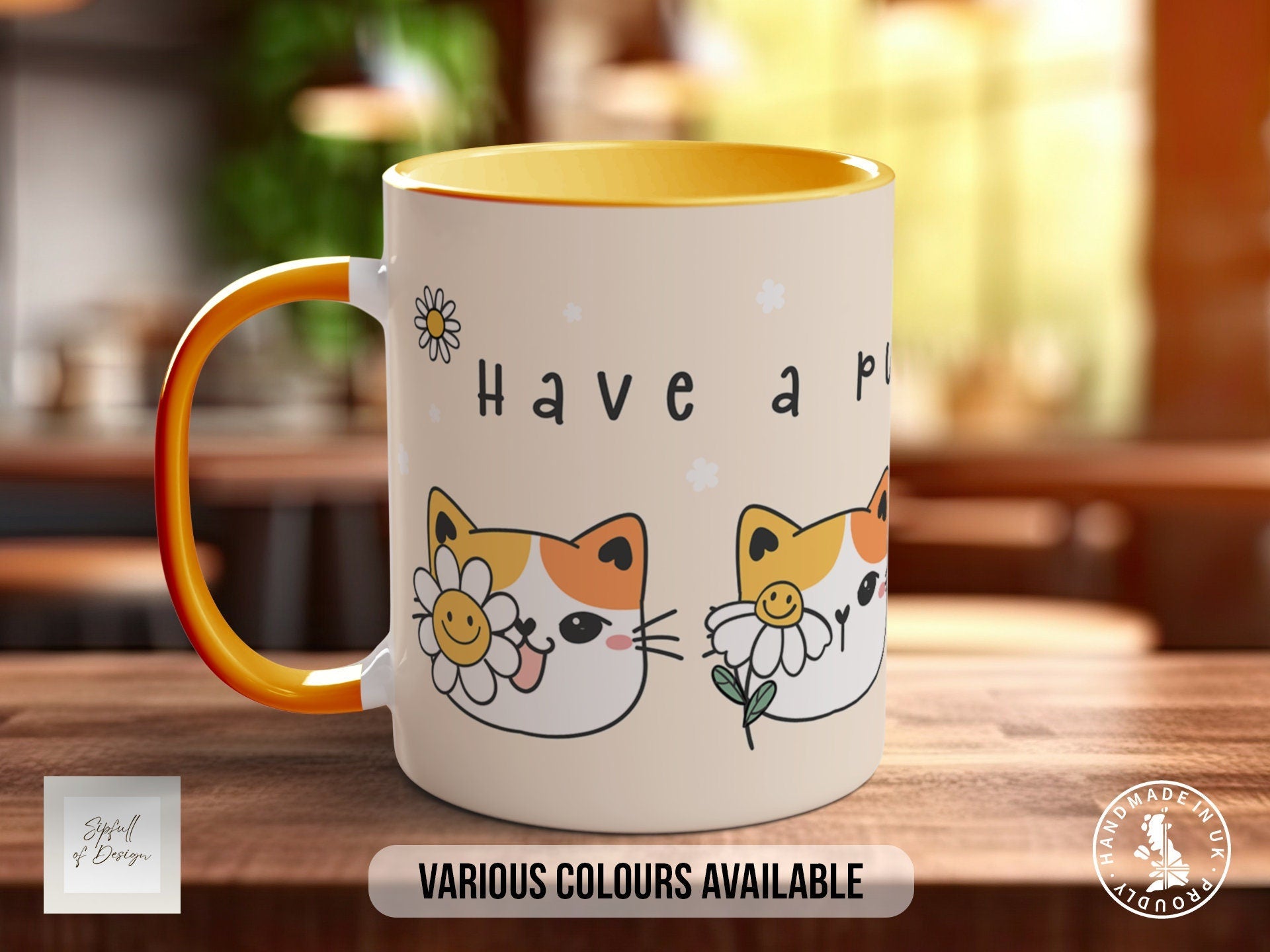 Cute Have A Purrfect Day Cat Mug - Coloured 11oz, Bone China 10oz and 15oz and Latte 12oz options