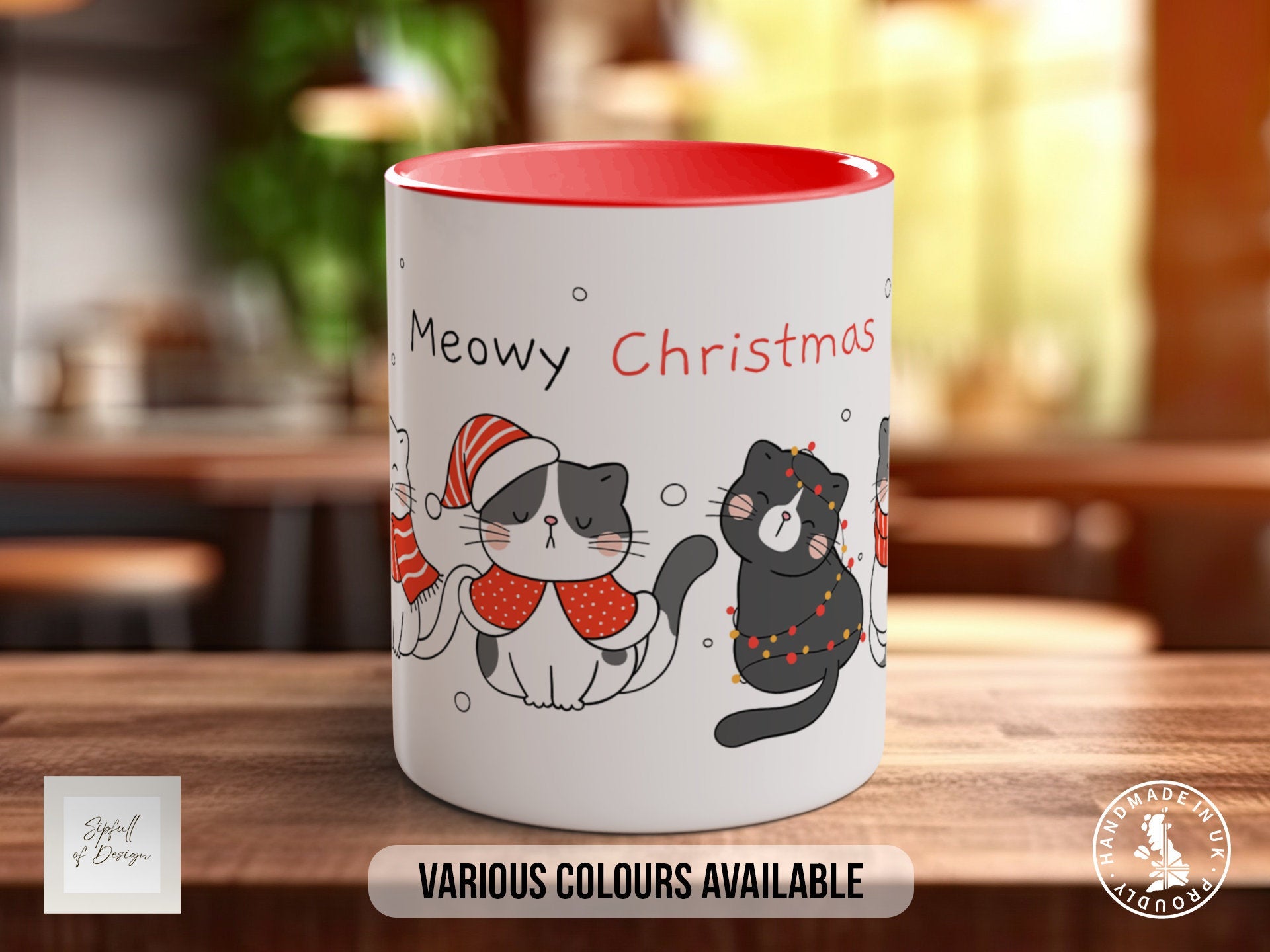 Cute Christmas Cats Mug - Coloured 11oz, Bone China 10oz and 15oz and Latte 12oz options