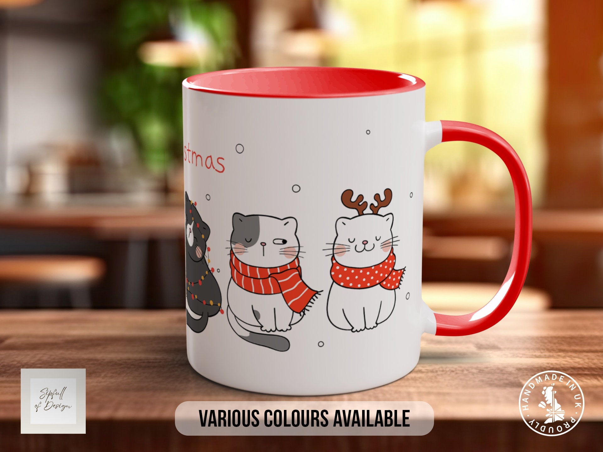 Cute Christmas Cats Mug - Coloured 11oz, Bone China 10oz and 15oz and Latte 12oz options
