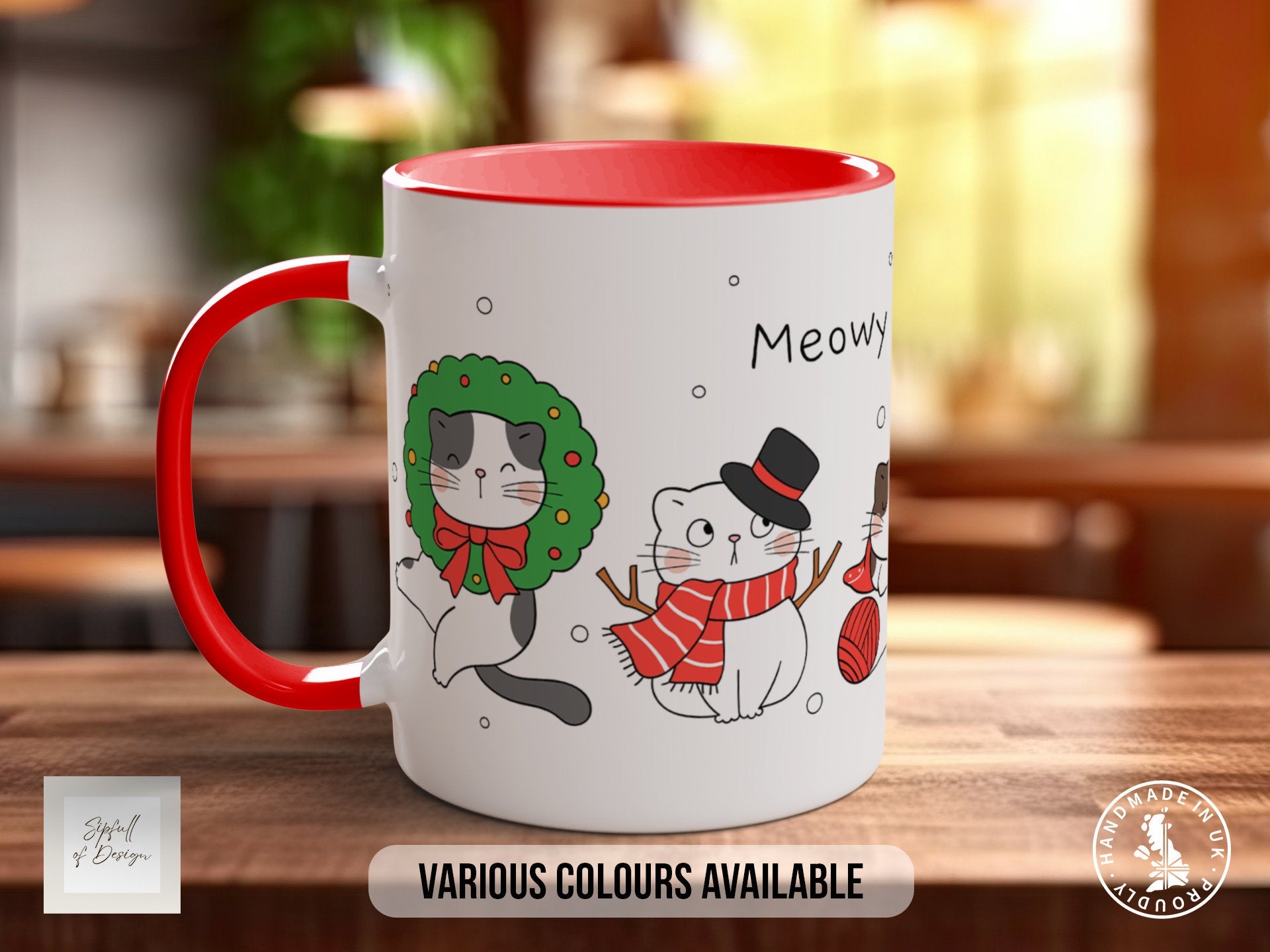 Cute Meowy Cat Coloured Mug (2) - Coloured 11oz, Bone China 10oz and 15oz and Latte 12oz options