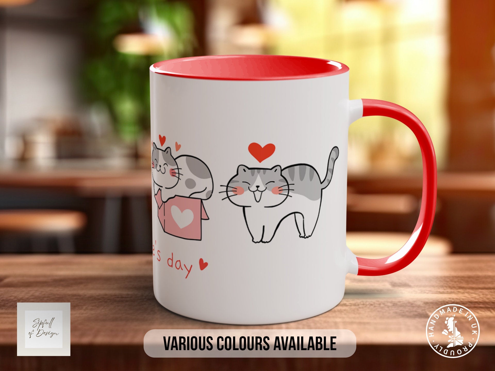 Cute Valentine Cats Mug - Coloured 11oz, Bone China 10oz and 15oz and Latte 12oz options