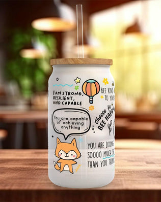 Mug Of Positivitea Motivational Frosted Glass Can - a bamboo cup of positivity with lid and straw! - Sipfull of Design