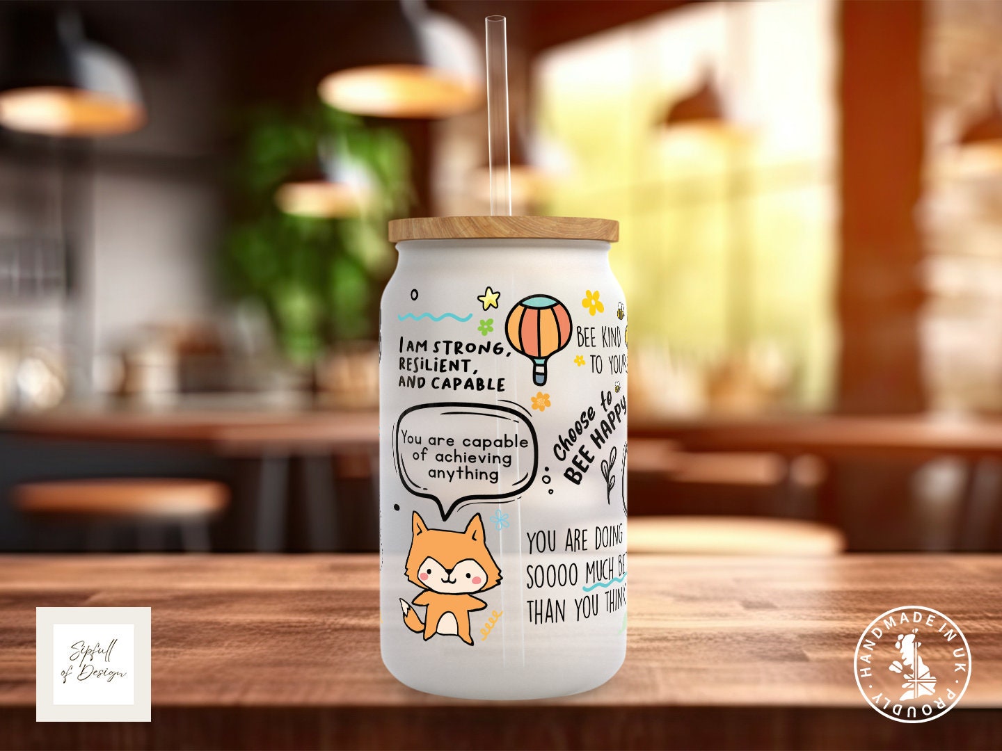 Mug Of Positivitea Motivational Frosted Glass Can - a bamboo cup of positivity with lid and straw!