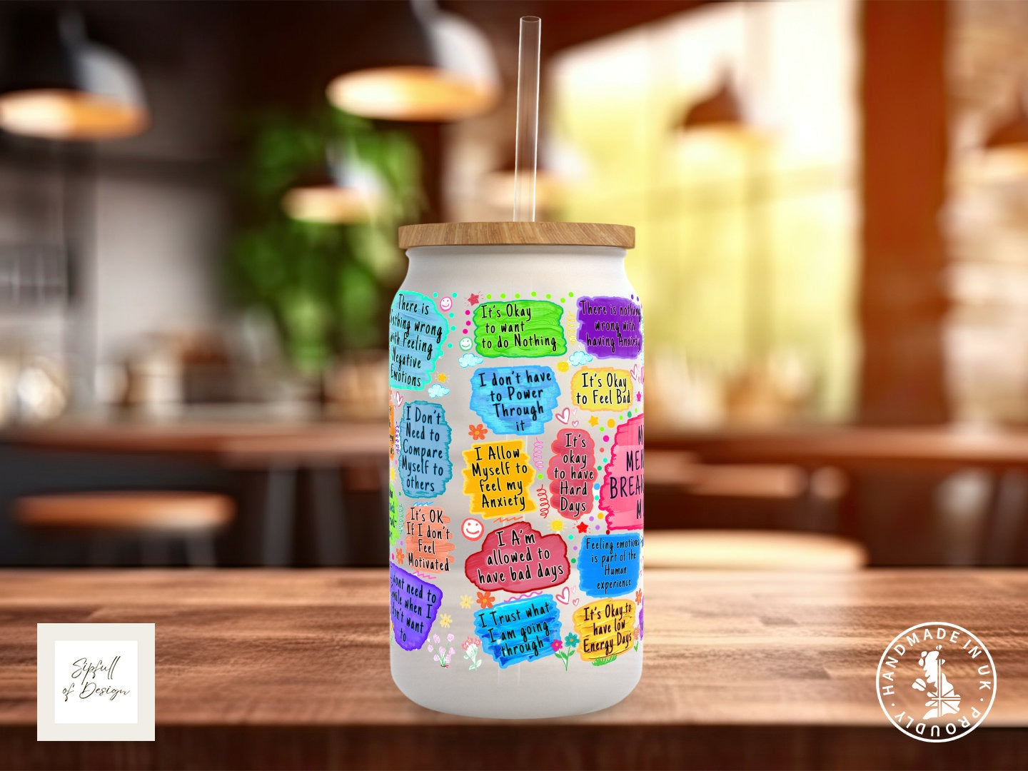 The Mental Breakdown Mug Motivational Frosted Glass Can - a bamboo cup of positivity with lid and straw!