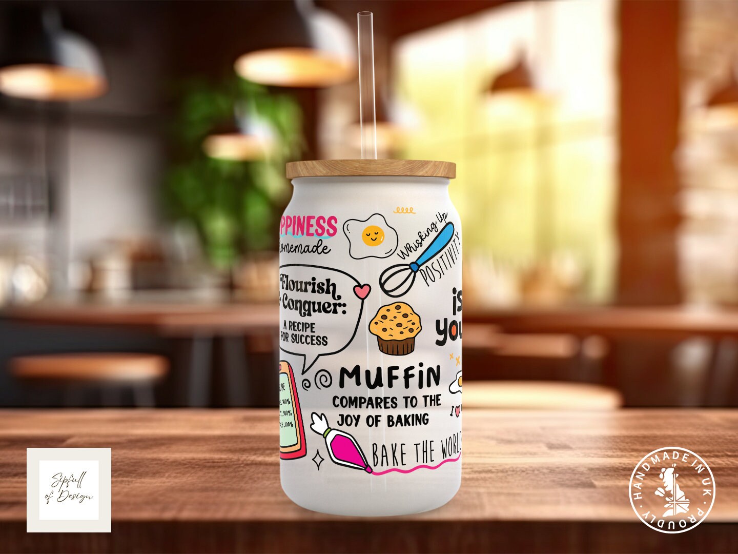 Life Is What You Bake It Frosted Glass Can - a bamboo cup of positivity with lid and straw!