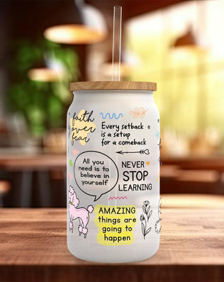 Mug Of Motivation Frosted Glass Can - a bamboo cup of positivity with lid and straw! - Sipfull of Design