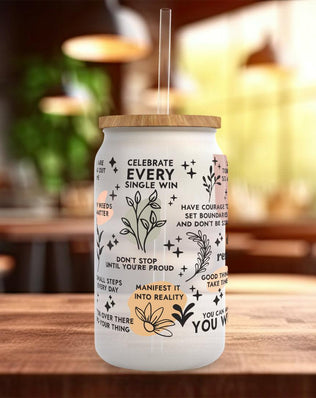 Daily Reminders Frosted Glass Can - a bamboo cup of positivity with lid and straw! clean Design 1 - Sipfull of Design
