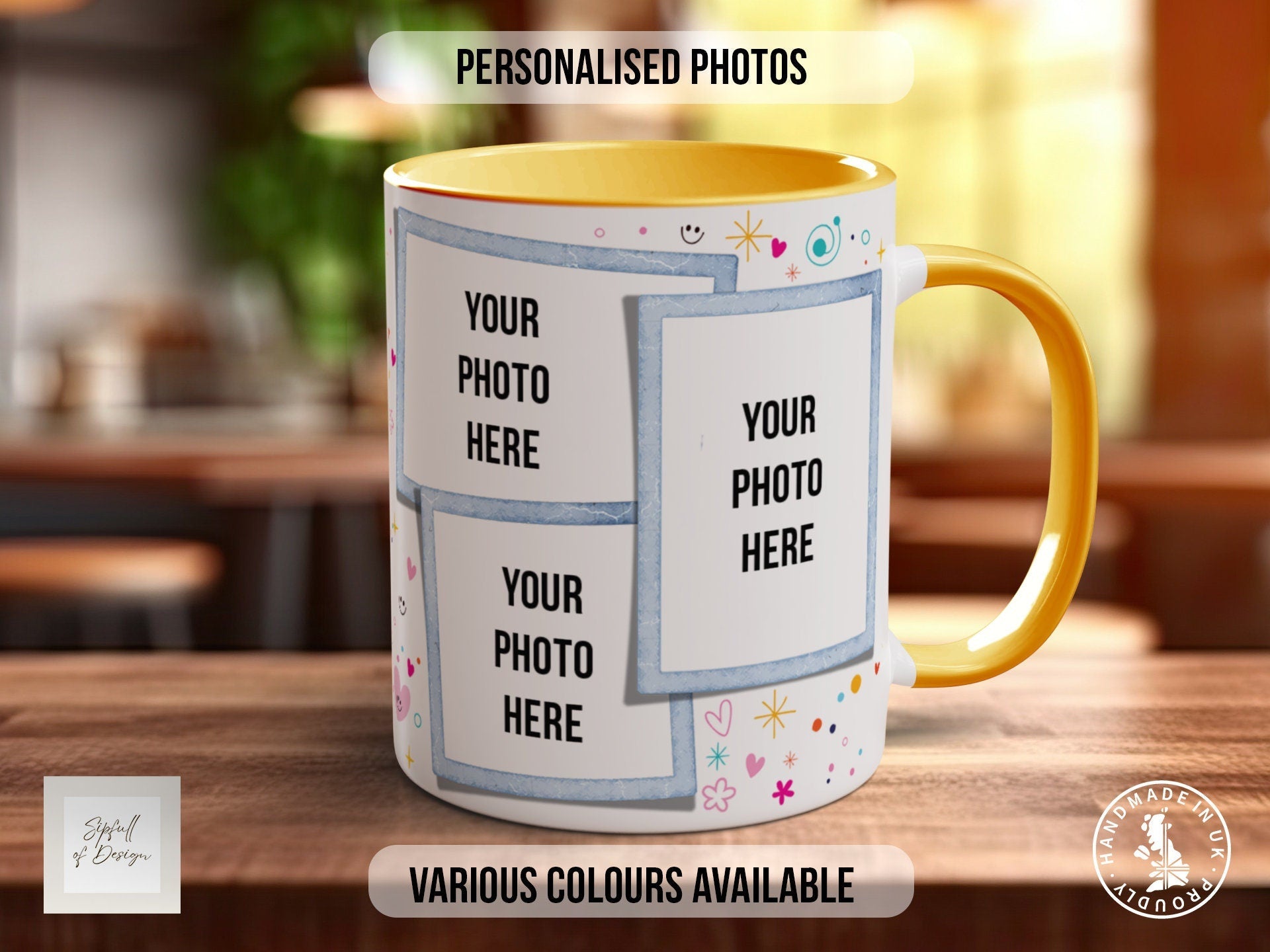a yellow and white coffee mug sitting on top of a wooden table