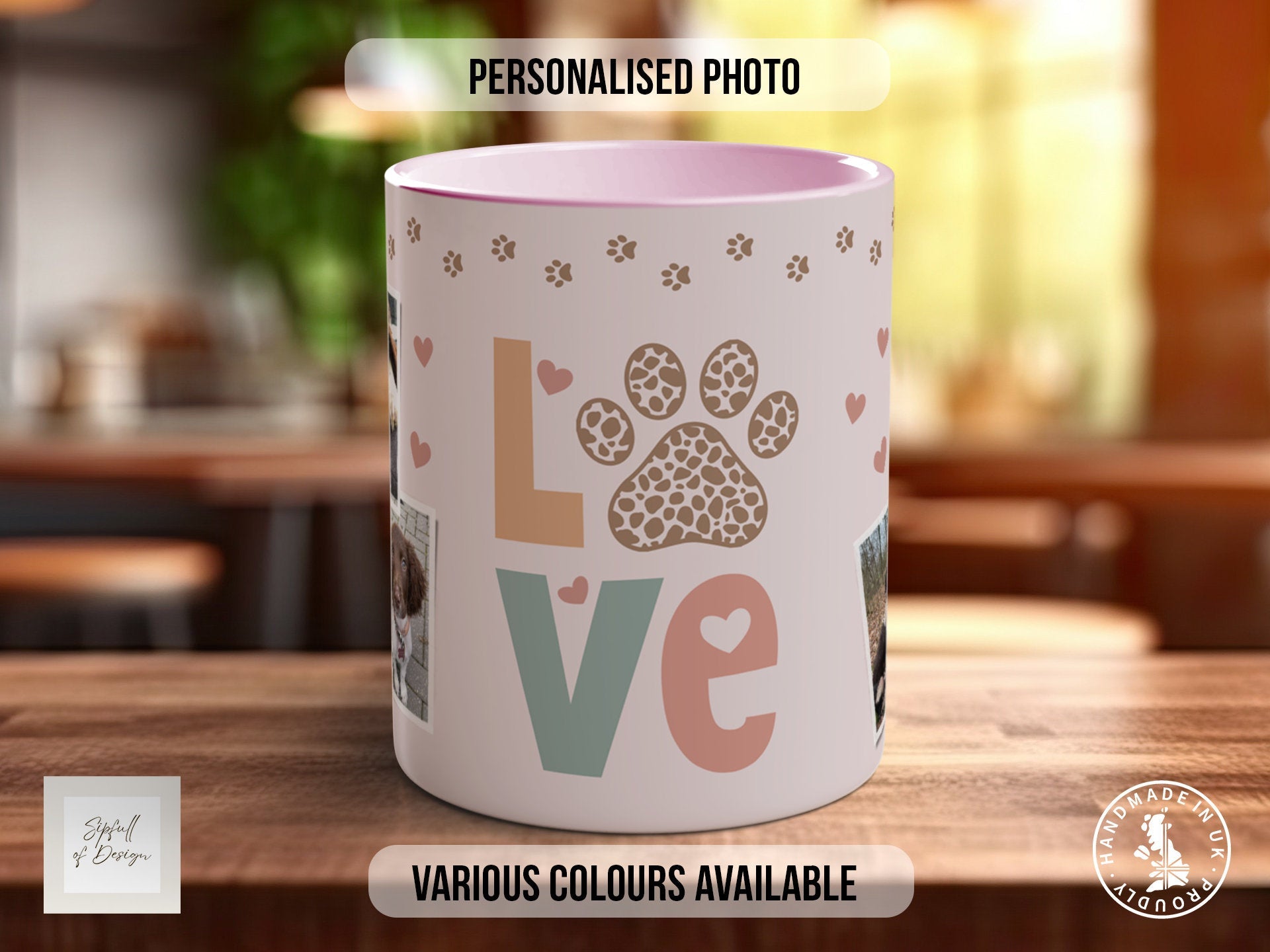 Personalised Dog Mug - Pink Love Paws Photo Grid - Multiple Mug Colours