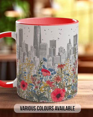 Cityscape Wildflower Pattern Full Wrap Coloured Art Mug - Design 2 - Sipfull of Design