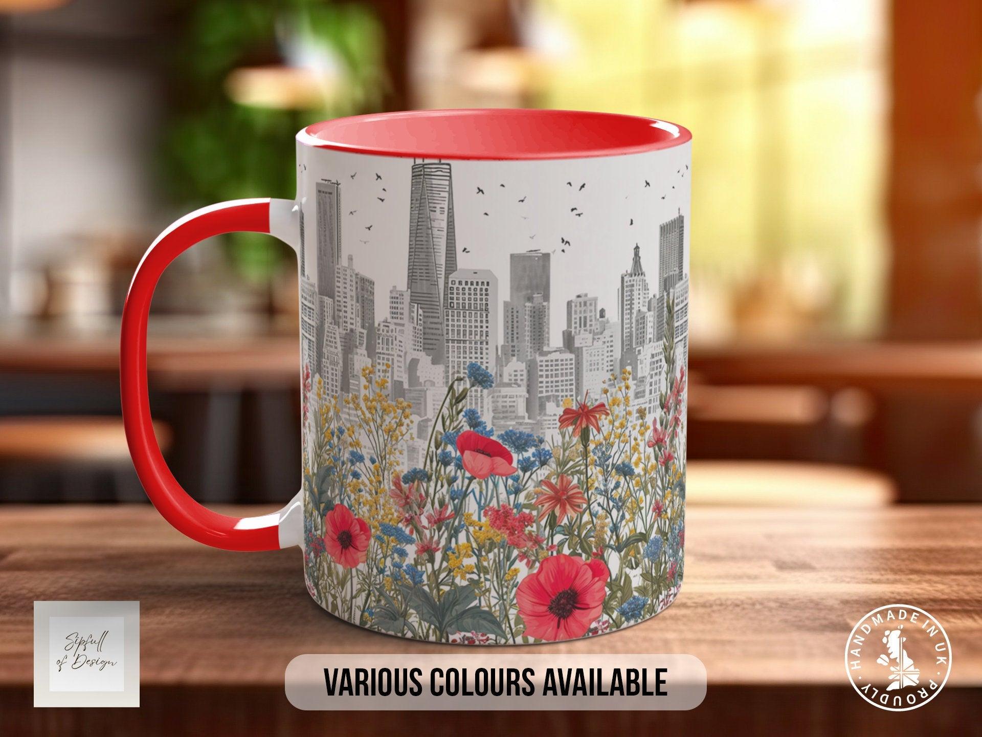 Cityscape Wildflower Pattern Full Wrap Coloured Art Mug - Design 2 - Sipfull of Design