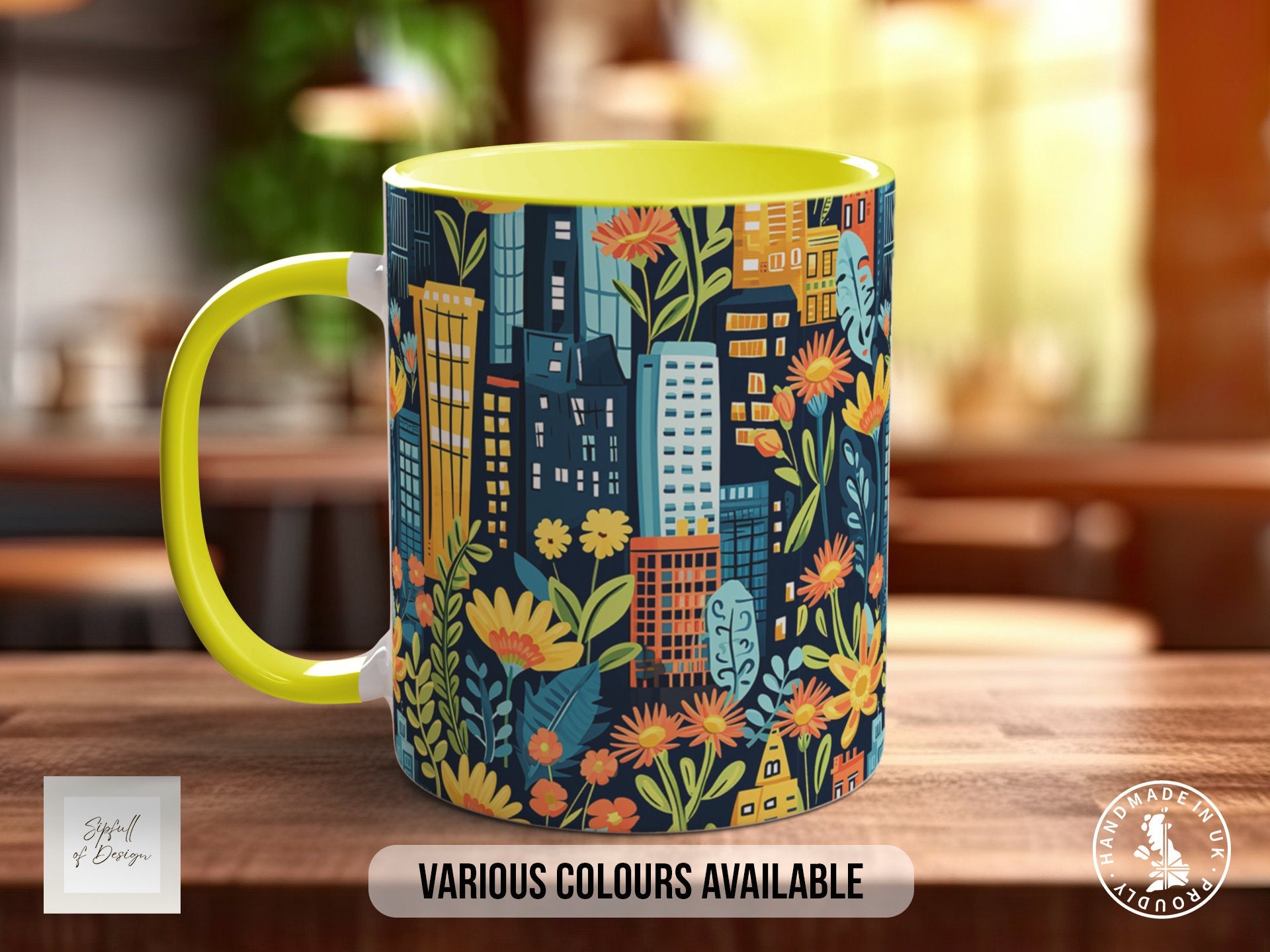 Cityscape Wildflower Pattern Full Wrap Coloured Art Mug - Design 3