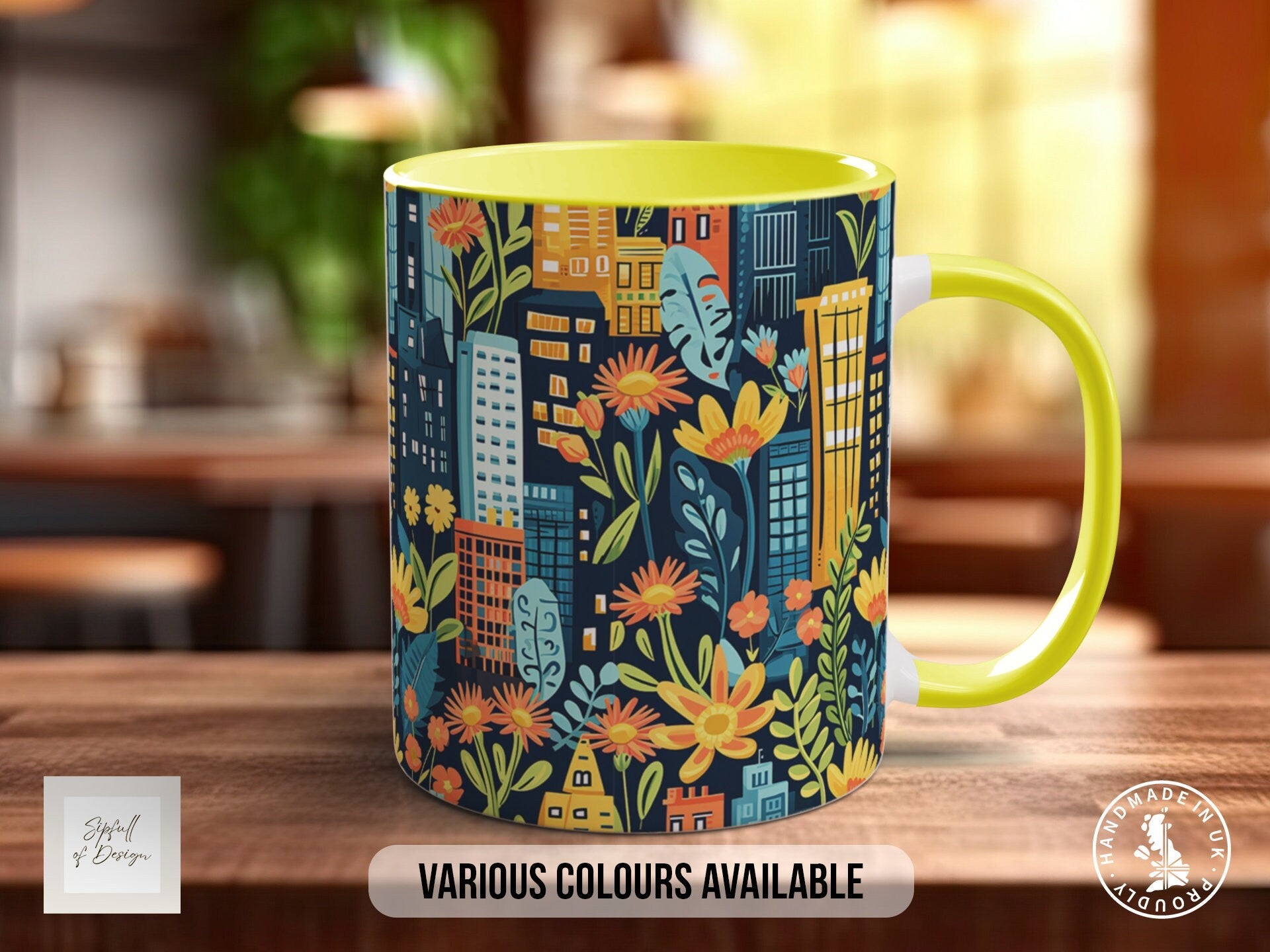 Cityscape Wildflower Pattern Full Wrap Coloured Art Mug - Design 3